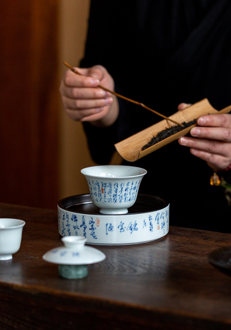 Chinese White Fine Pottery Handpainted Chinese Caligraphy Poem Tea tray Tea Boat Ceramic kung fu Tea Ceremony