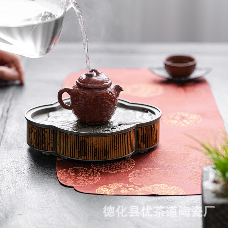 Handcrafted Tea Bamboo Tin Tray Mottled Bamboo Pure Tin Tea Boat Chaozhou Tray Chinese Master Artwork Teapot Holder Tea Boat