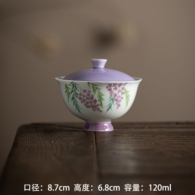 Chinese Original Handpainted Purple Wisteria Pattern Gaiwan Unique Teaware Master Pottery Tea Ceremony