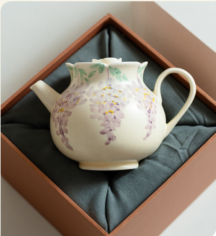 Original Handpainted Purple Wisteria Flower Pattern Kohiki Teapot Japanese Pottery Master Ceramic Tea Ceremony