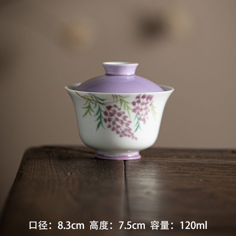 Chinese Original Handpainted Purple Wisteria Pattern Gaiwan Unique Teaware Master Pottery Tea Ceremony