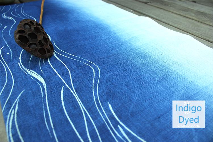 Hand Dyed Chinese Indigo Dyed Water Pattern Tea Table Cloth Batik Farbic Natural Dyed Cotton Chabu Chaxi