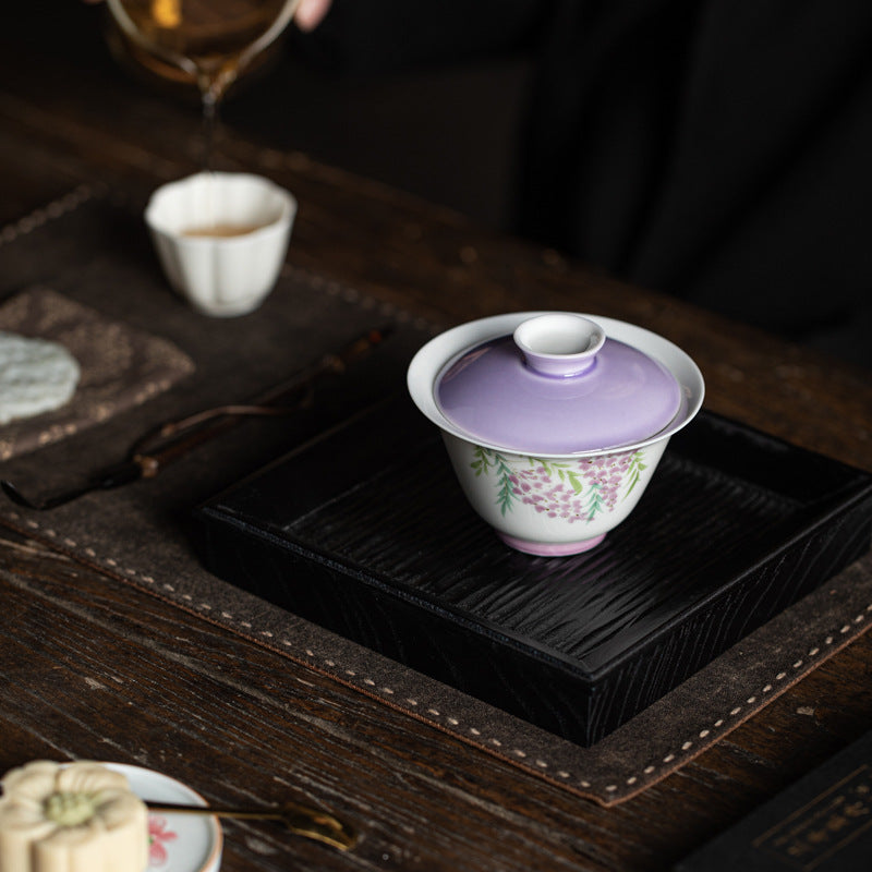 Chinese Original Handpainted Purple Wisteria Pattern Gaiwan Unique Teaware Master Pottery Tea Ceremony