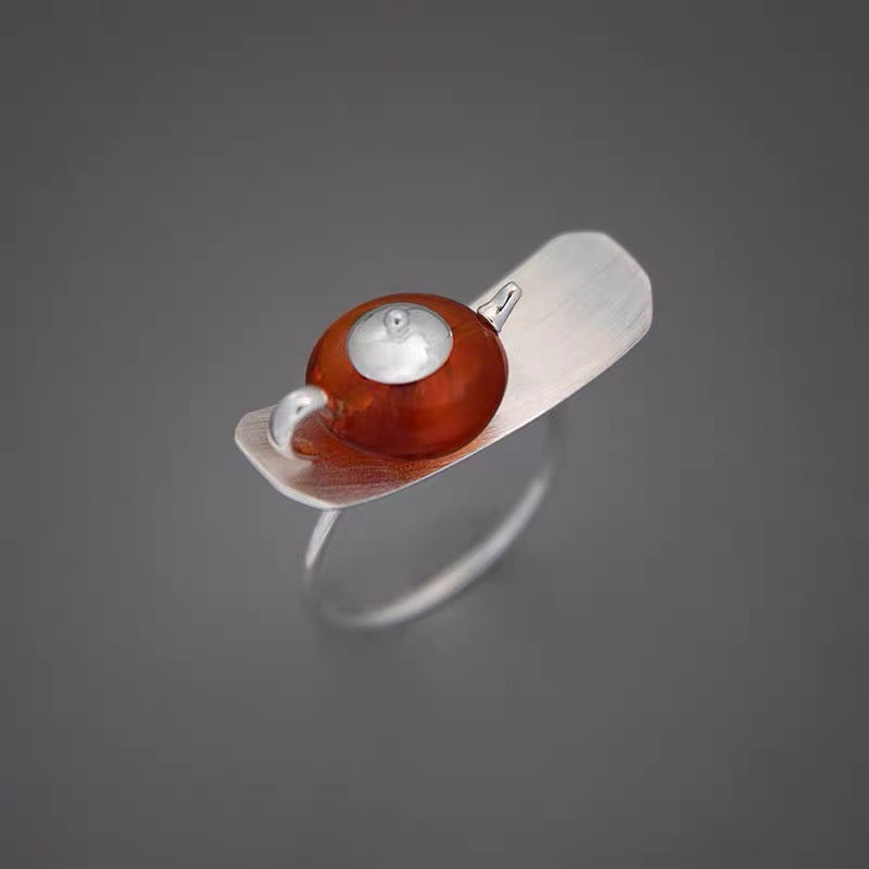 S925 Sterling Silver Original Design Handmade Teapot Shape Amber Ring