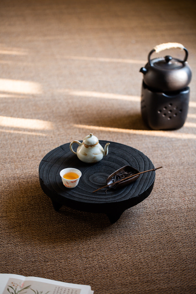 This is a black cedar tea tray tea boat.This is a wooden tea table.