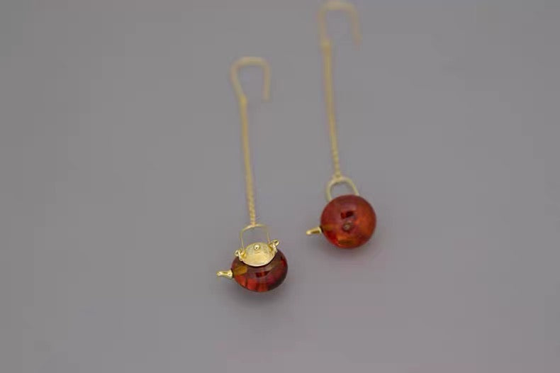 S925 Sterling Silver Original Design Handmade Teapot Shape Amber Earrings