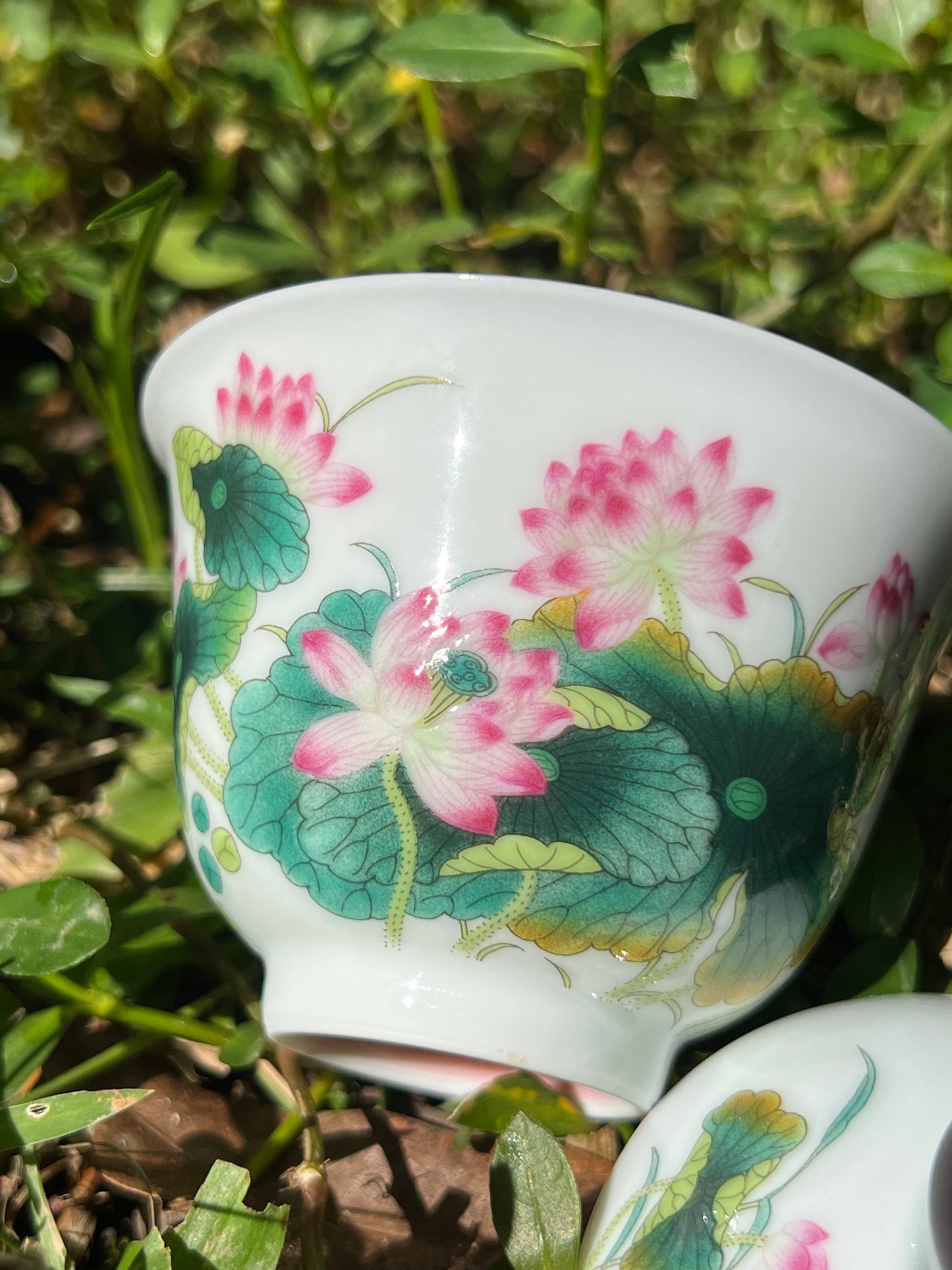 Hand Painted Chinese Enamel Lotus Gaiwan Set Jingdezhen Master Ceramic Artwork