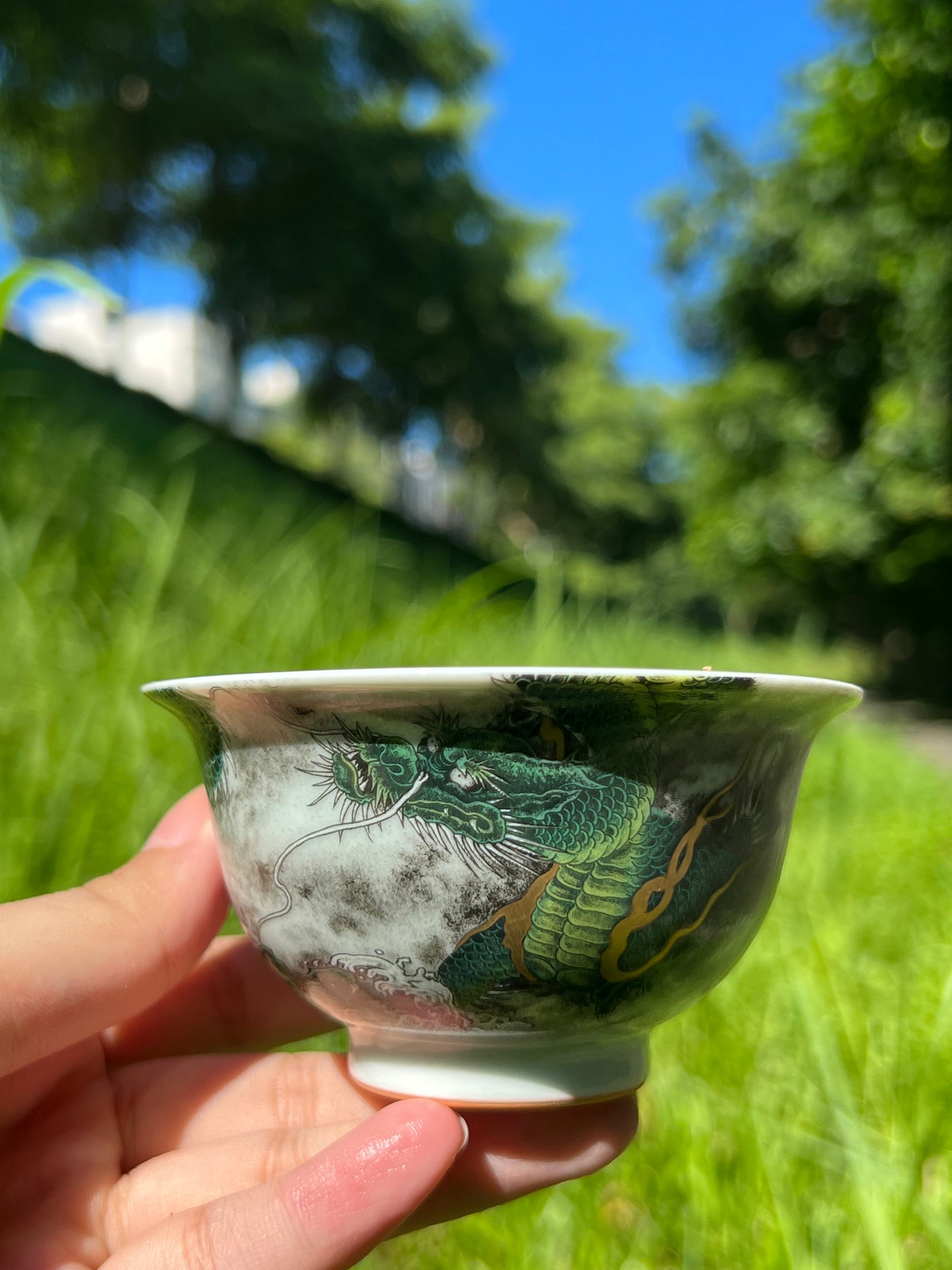 Handcrafted Chinese Handpainted Chinese Green Dragon Jingdezhen Teacup Master Ceramic Artwork