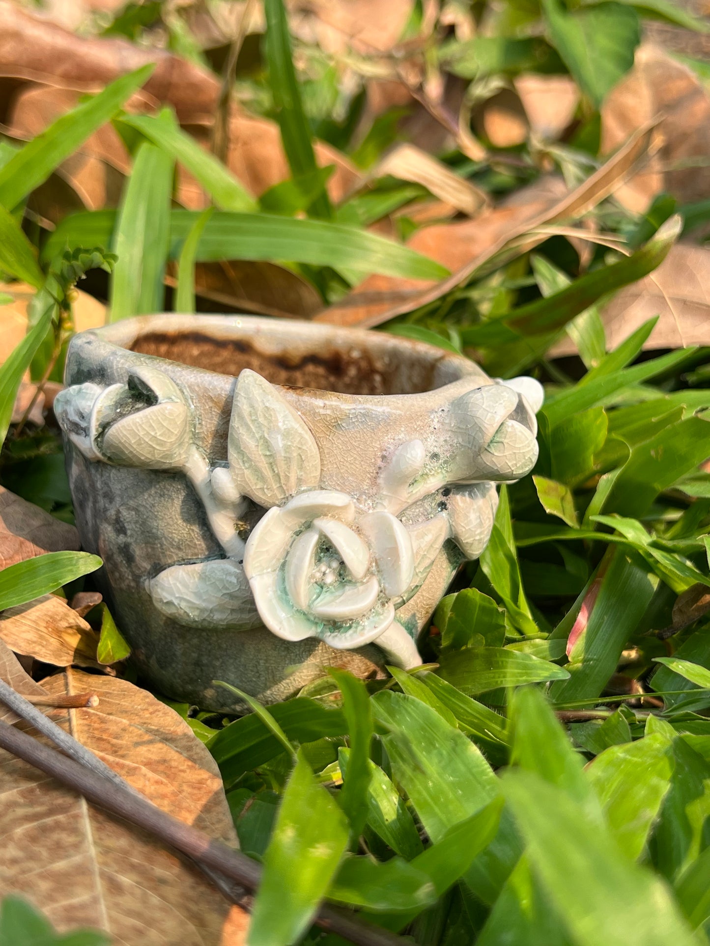 Woodfired Handmade Crude Pottery Blue Flower Teacup Gloss Unique Artwork Chinese Master Pottery Ceramic Japanese Ceramic Tea Ceremony