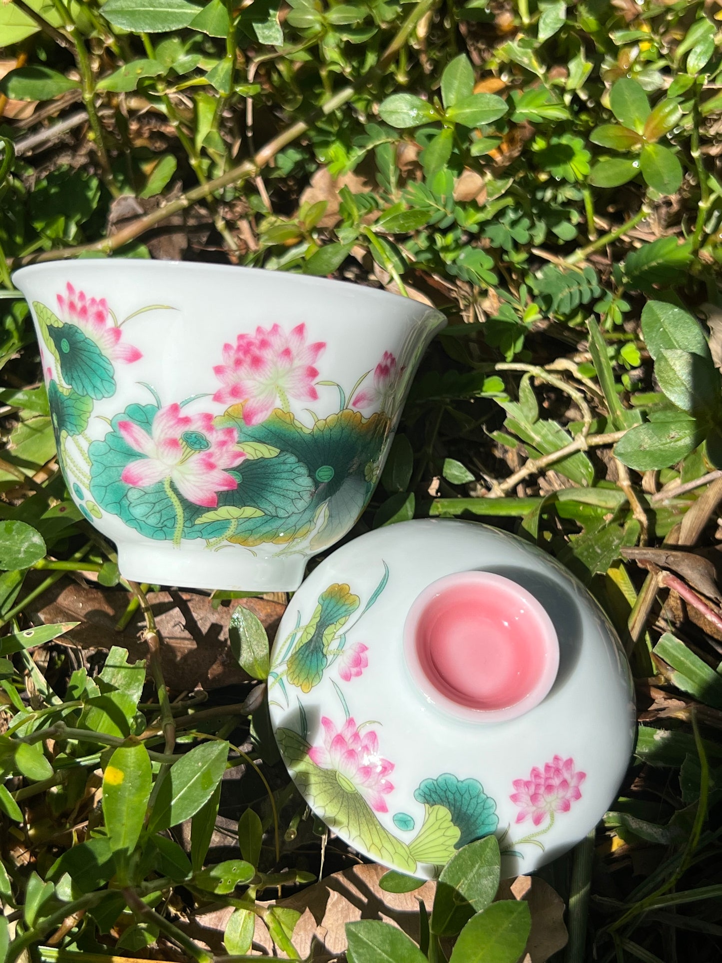 Hand Painted Chinese Enamel Lotus Gaiwan Set Jingdezhen Master Ceramic Artwork