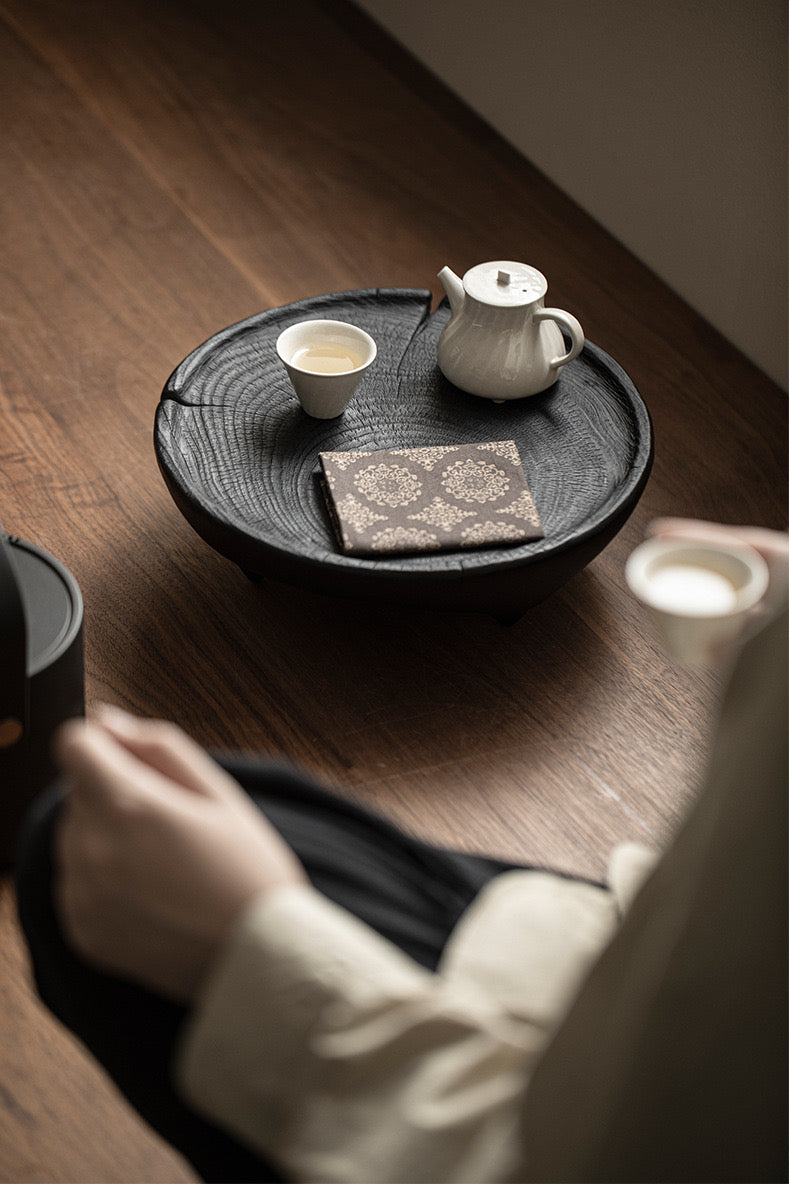 Japanese-Style Wood Tea Table Handcrafted Original Round Black Wood Tea Boat Tea Table