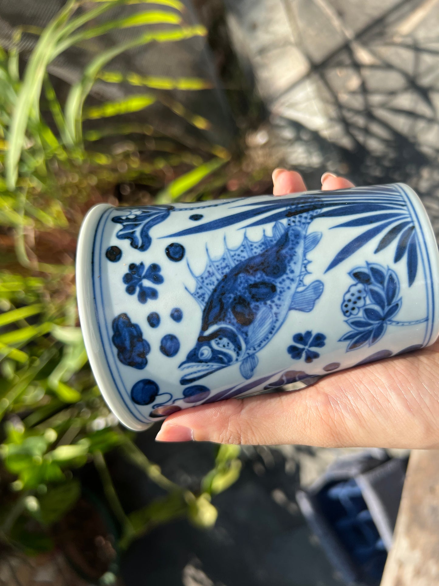 Handcrafted Jingdezhen Teacup Chinese Fish Algae Mug  White Blue Porcelain Fine China Cup