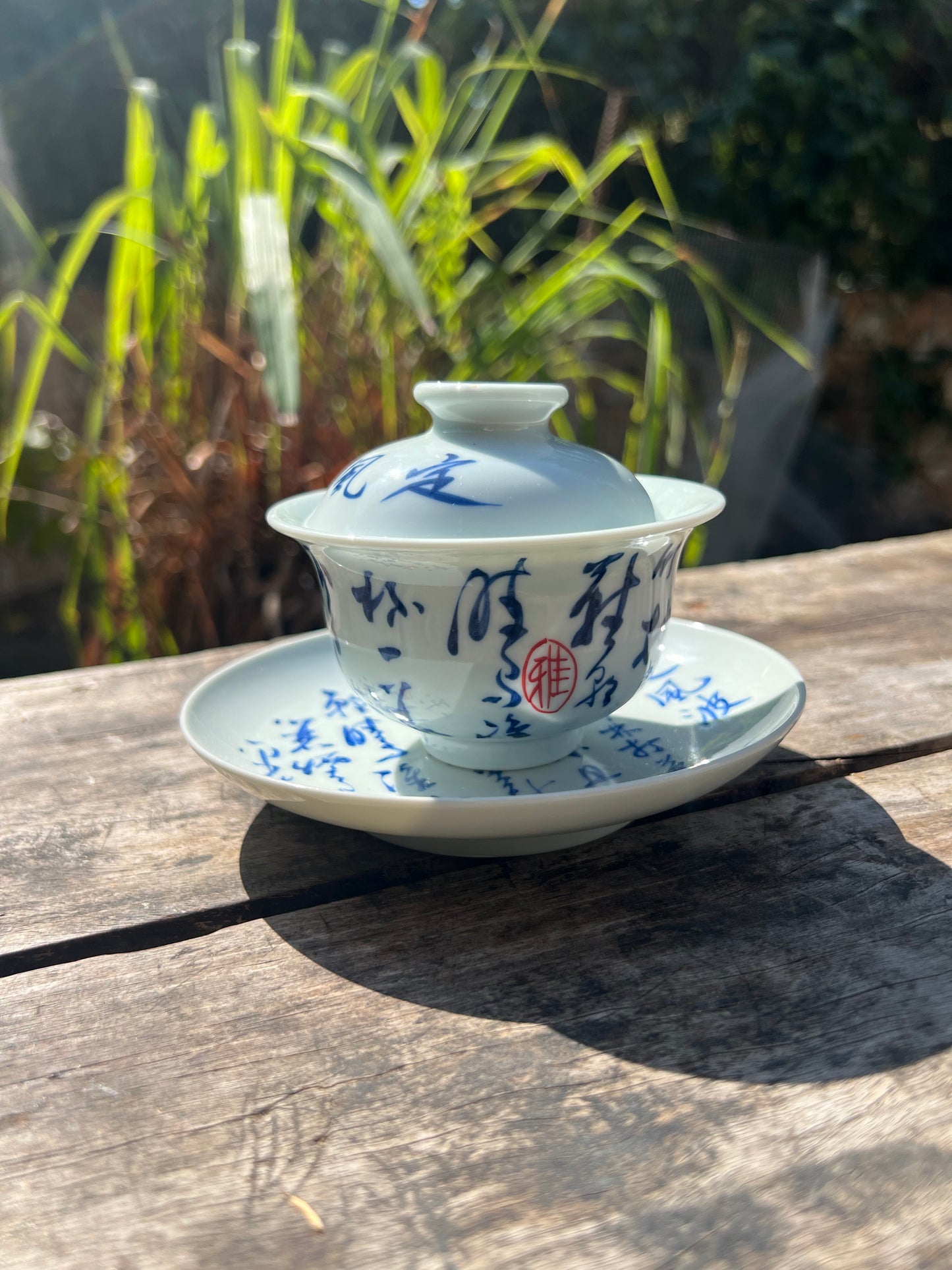 Handcrafted Jingdezhen Teacup Chinese Gaiwan Set Caligraphy White Blue Porcelain Fine China Cup