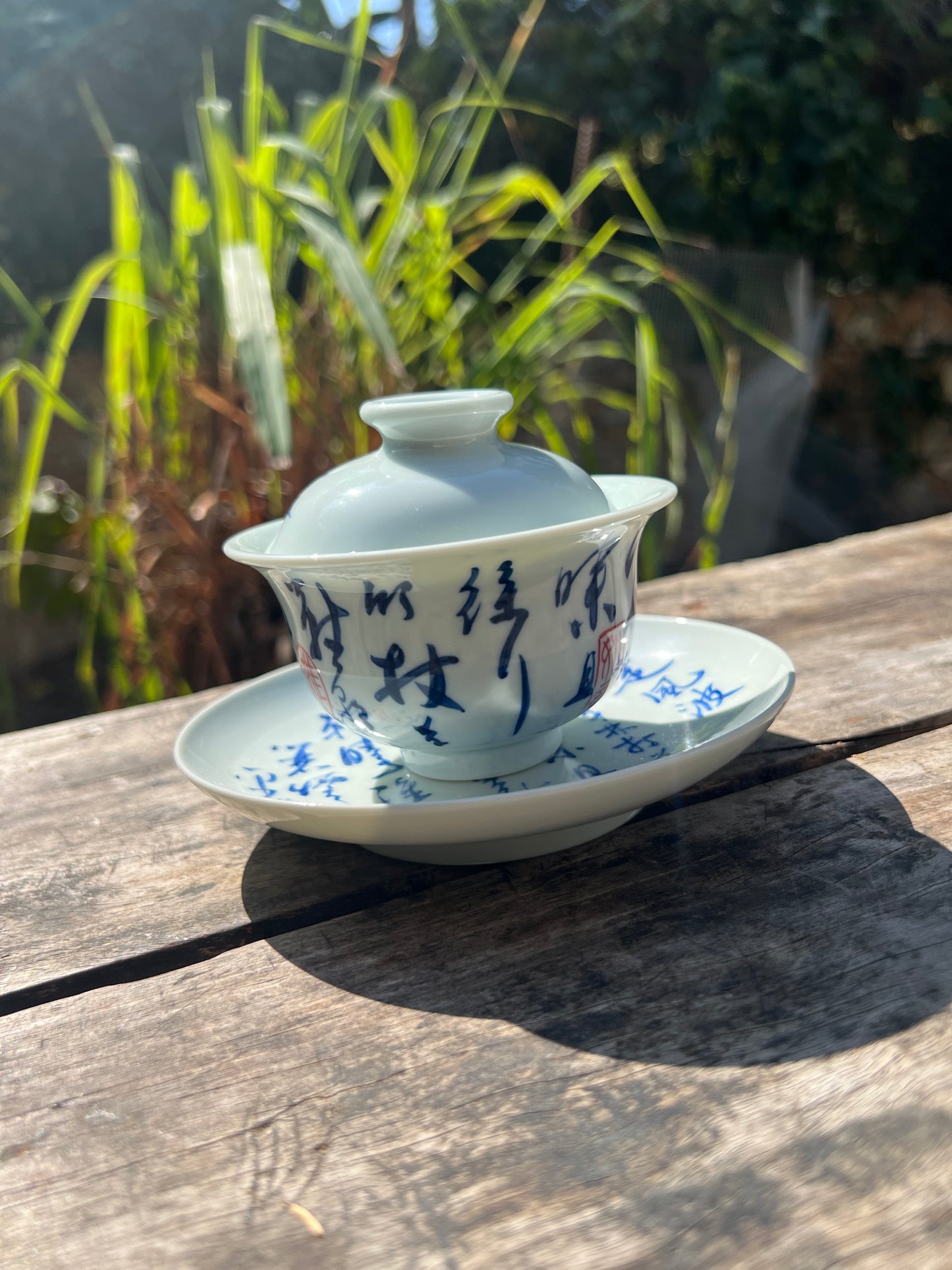 Handcrafted Jingdezhen Teacup Chinese Gaiwan Set Caligraphy White Blue Porcelain Fine China Cup