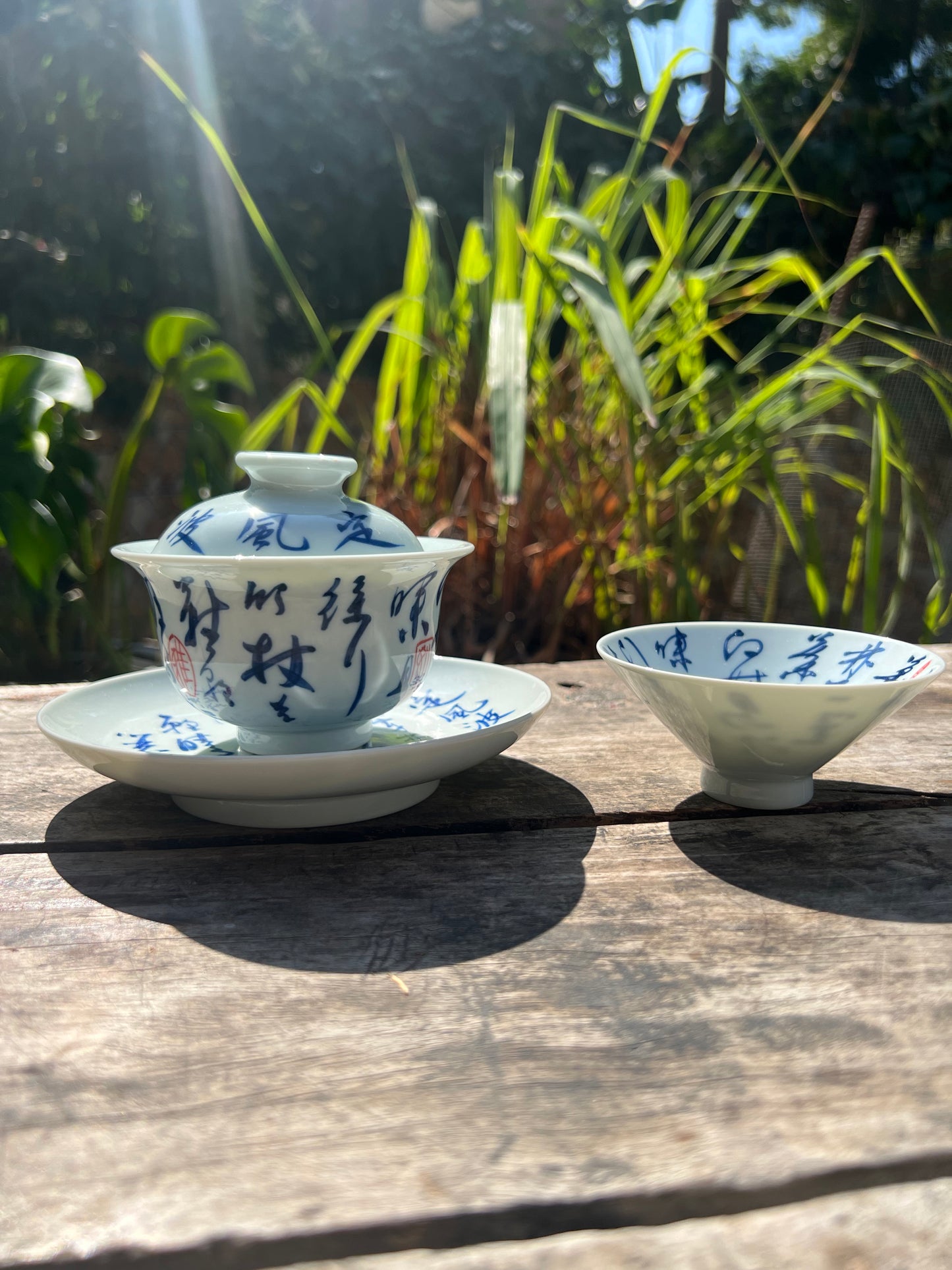 Handcrafted Jingdezhen Teacup Chinese Gaiwan Set Caligraphy White Blue Porcelain Fine China Cup