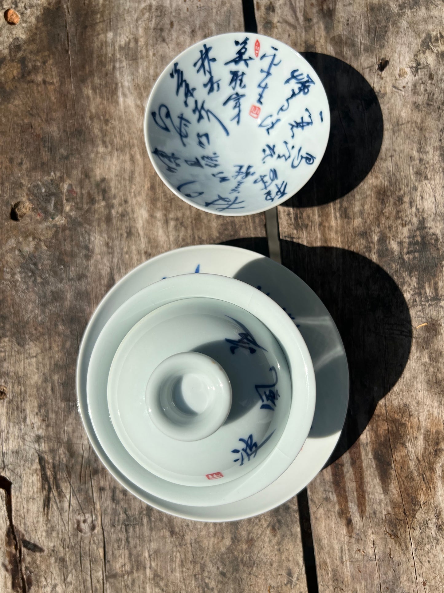 Handcrafted Jingdezhen Teacup Chinese Gaiwan Set Caligraphy White Blue Porcelain Fine China Cup