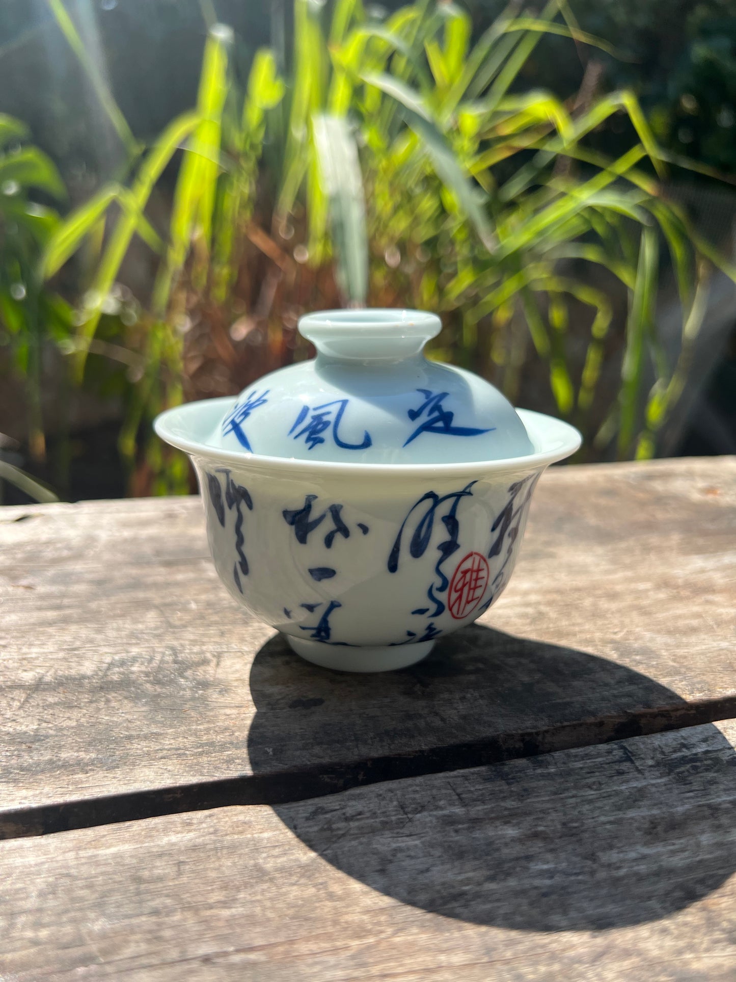 Handcrafted Jingdezhen Teacup Chinese Gaiwan Set Caligraphy White Blue Porcelain Fine China Cup