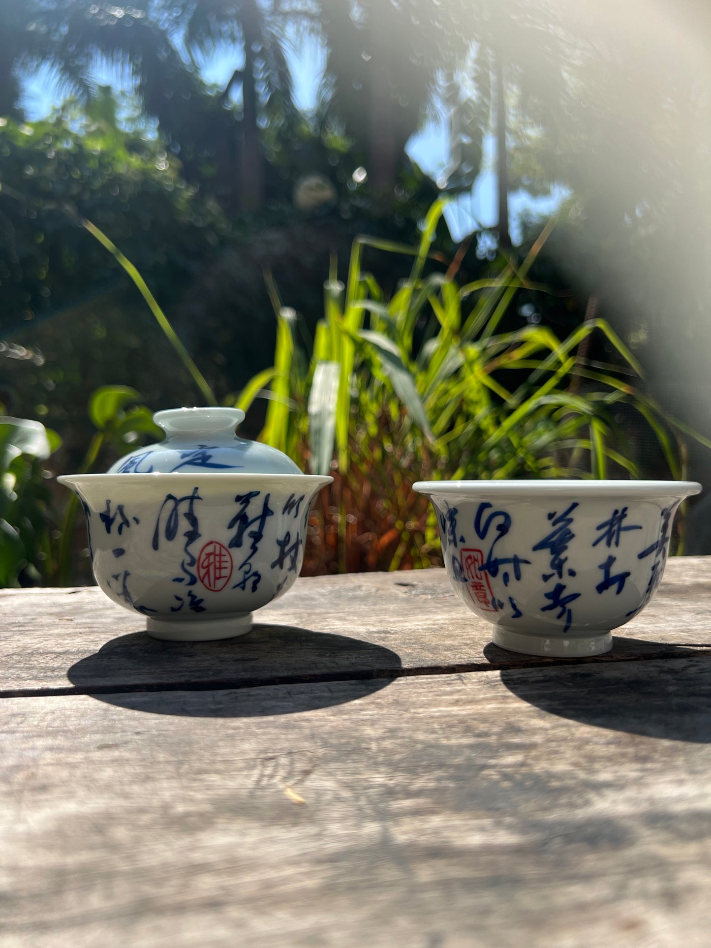 Handcrafted Jingdezhen Teacup Chinese Gaiwan Set Caligraphy White Blue Porcelain Fine China Cup