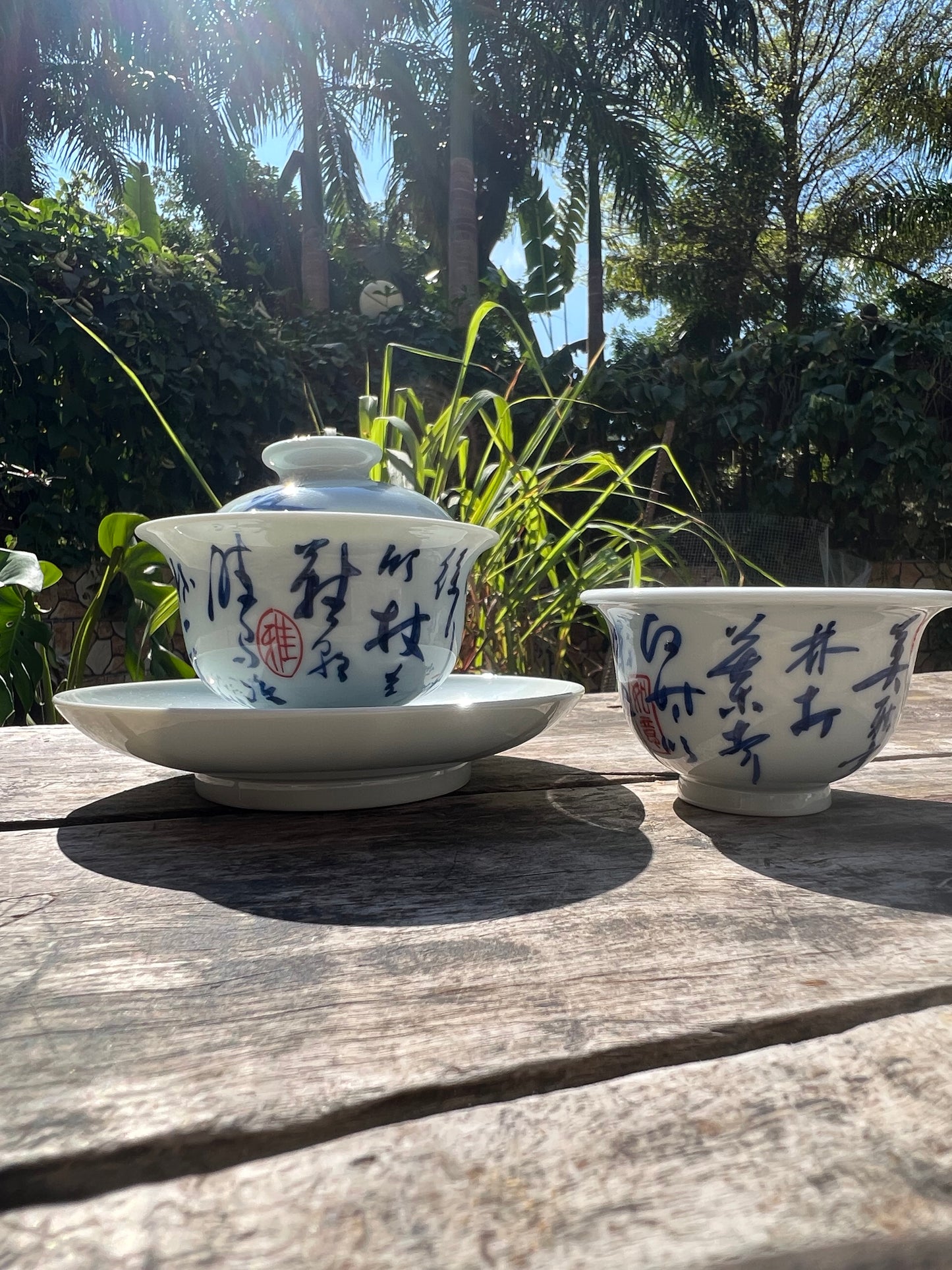 Handcrafted Jingdezhen Teacup Chinese Gaiwan Set Caligraphy White Blue Porcelain Fine China Cup