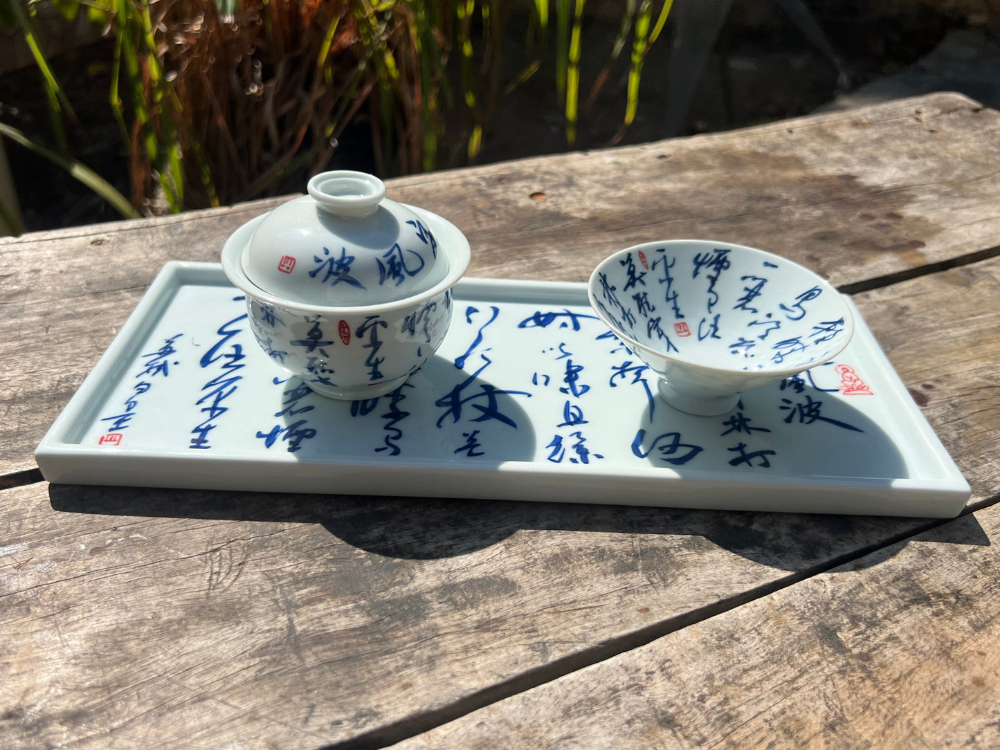 Handcrafted Jingdezhen Teacup Chinese Gaiwan Set Caligraphy White Blue Porcelain Fine China Cup