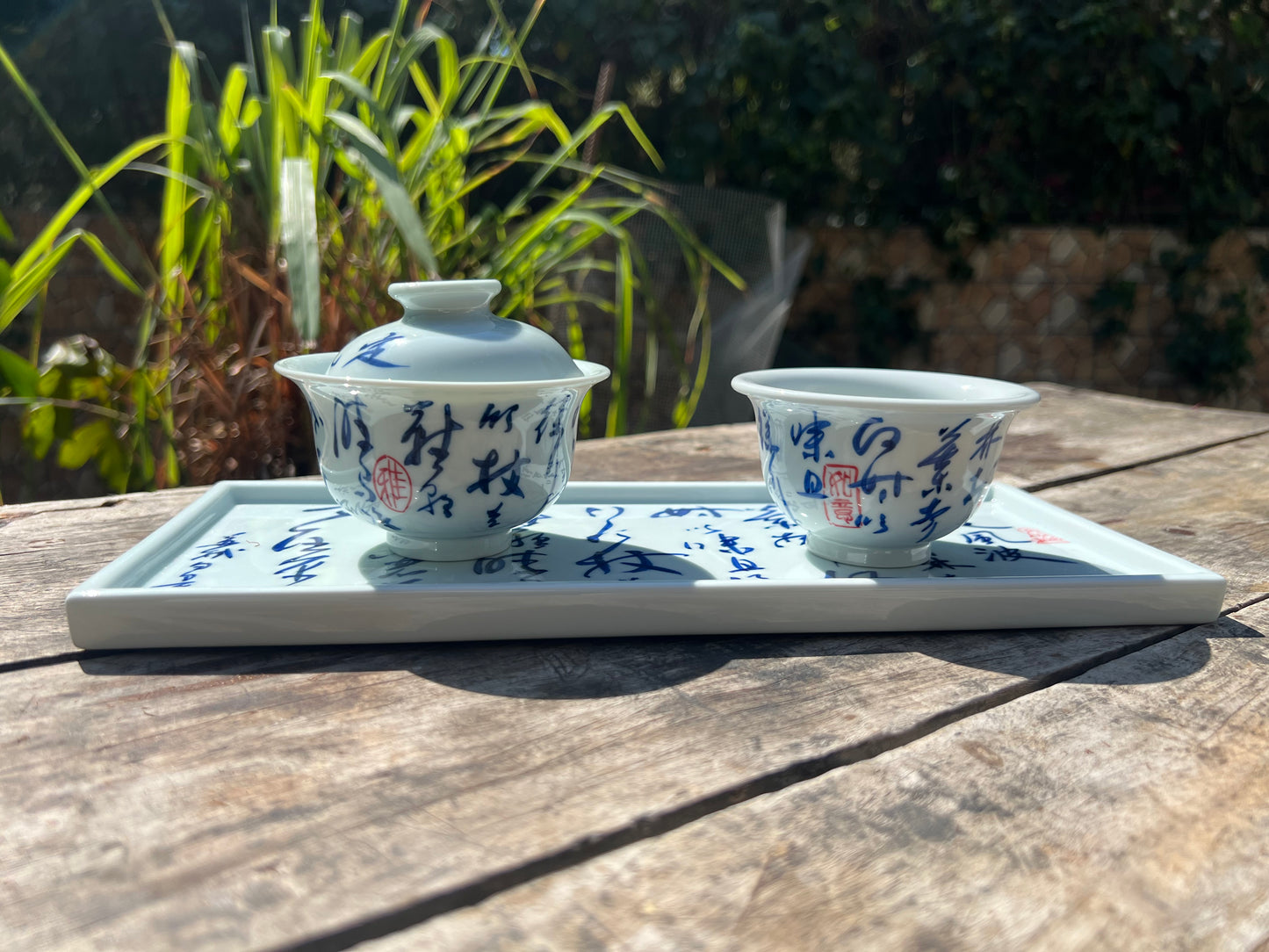 Handcrafted Jingdezhen Teacup Chinese Gaiwan Set Caligraphy White Blue Porcelain Fine China Cup