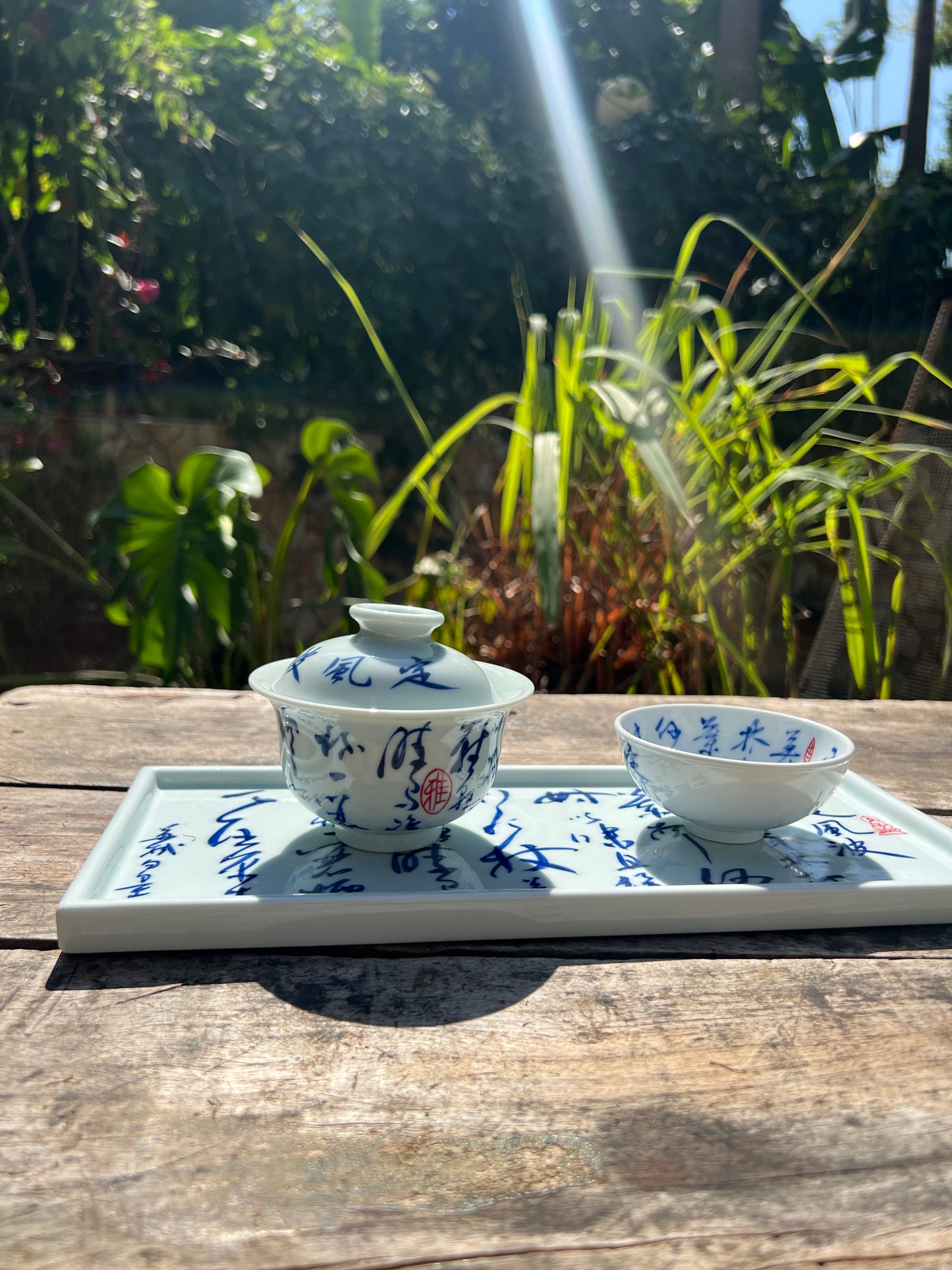 Handcrafted Jingdezhen Teacup Chinese Gaiwan Set Caligraphy White Blue Porcelain Fine China Cup