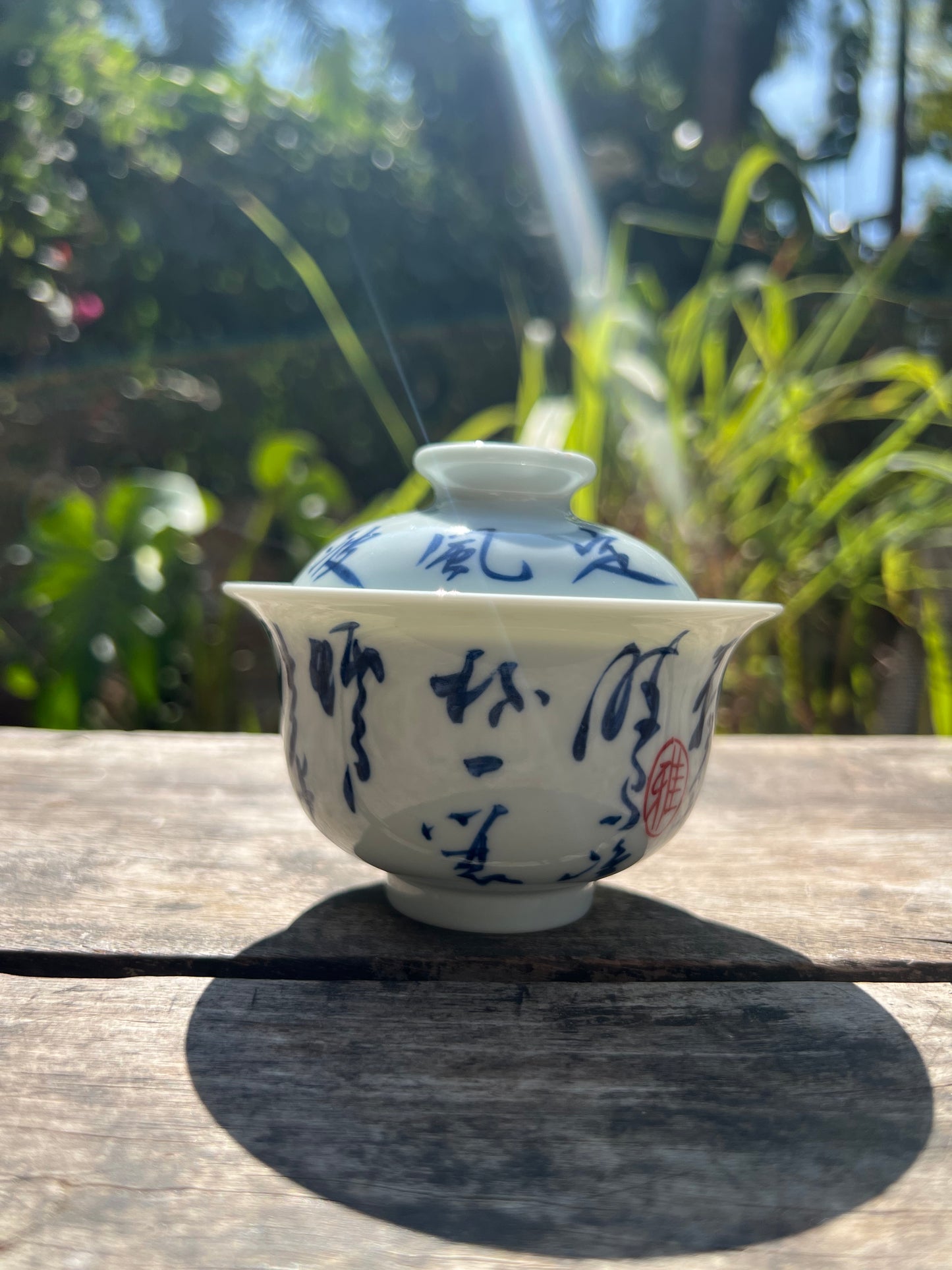 Handcrafted Jingdezhen Teacup Chinese Gaiwan Set Caligraphy White Blue Porcelain Fine China Cup