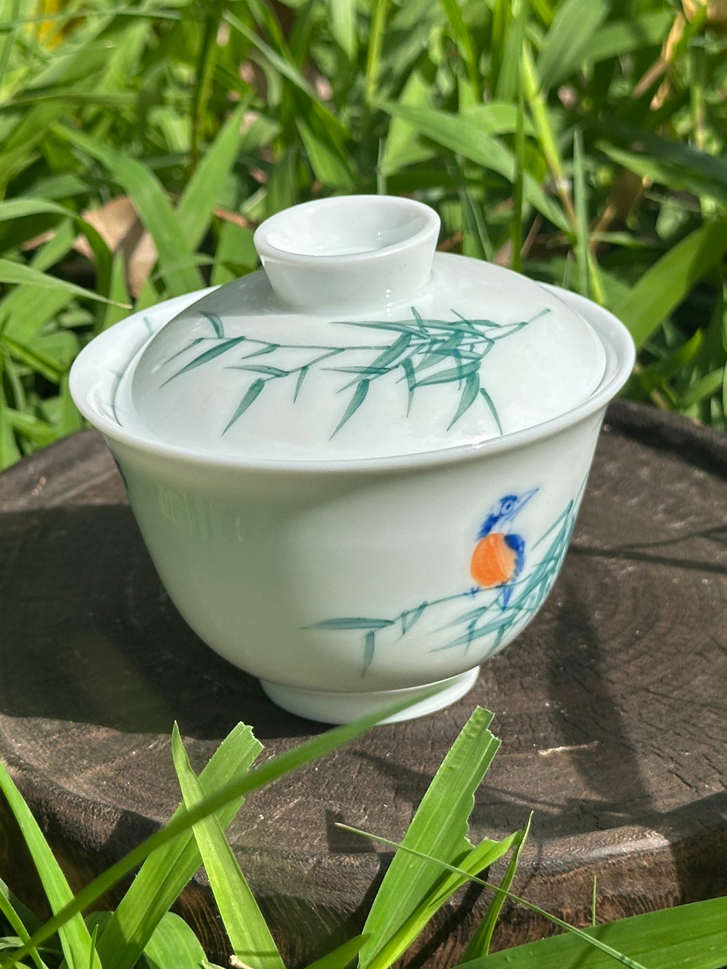 Handpainted Chinese Freehand Brush Work Bird and Bamboo Pattern Teapot Gaiwan Set