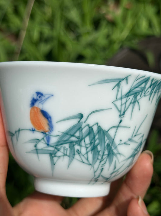 Handpainted Chinese Freehand Brush Work Bird and Bamboo Pattern Teapot Gaiwan Set