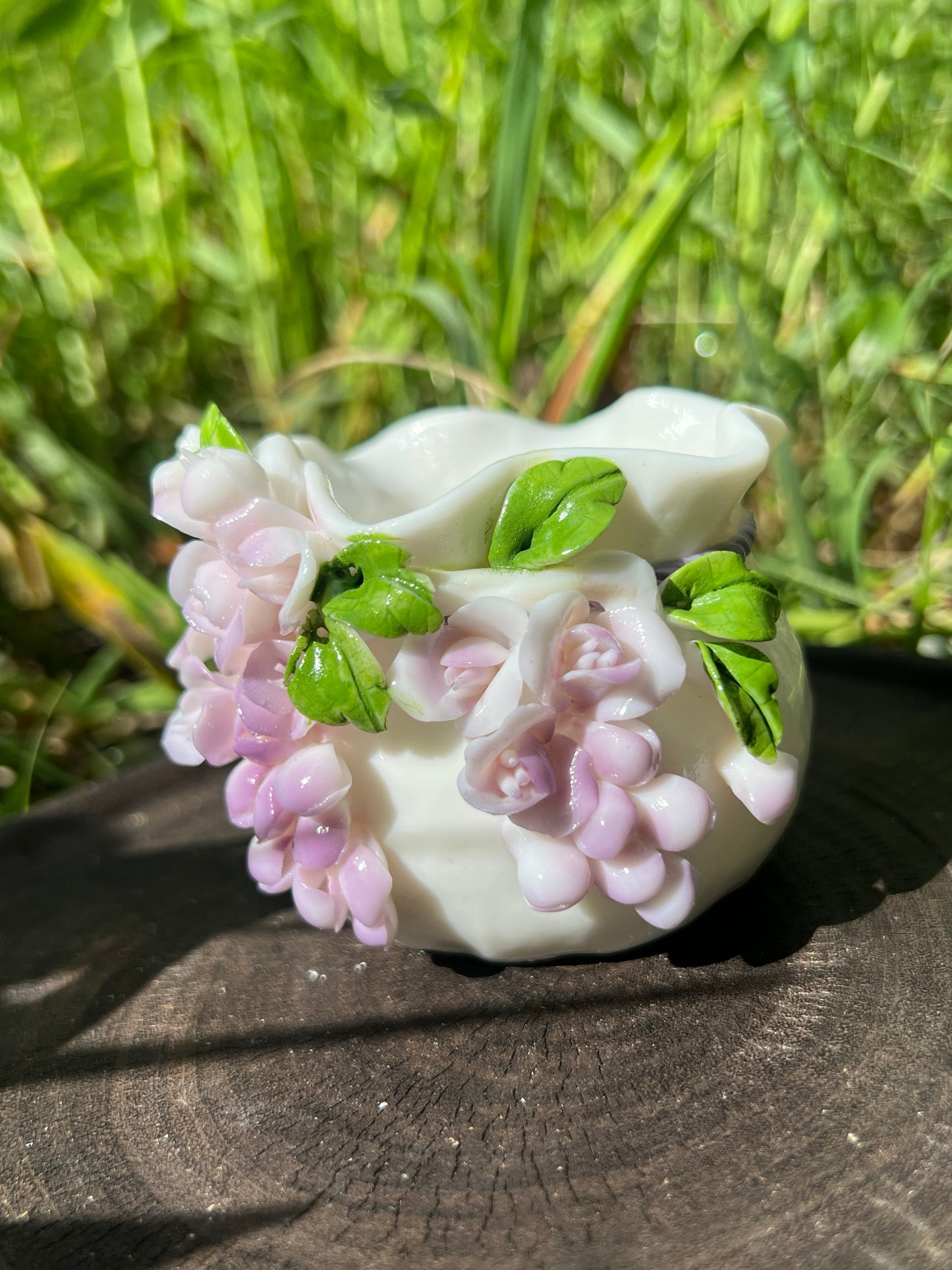 Handcrafted Chinese Yazhiyu Mutton Fat Jade Clay Purple Wisteria Flower Teacup