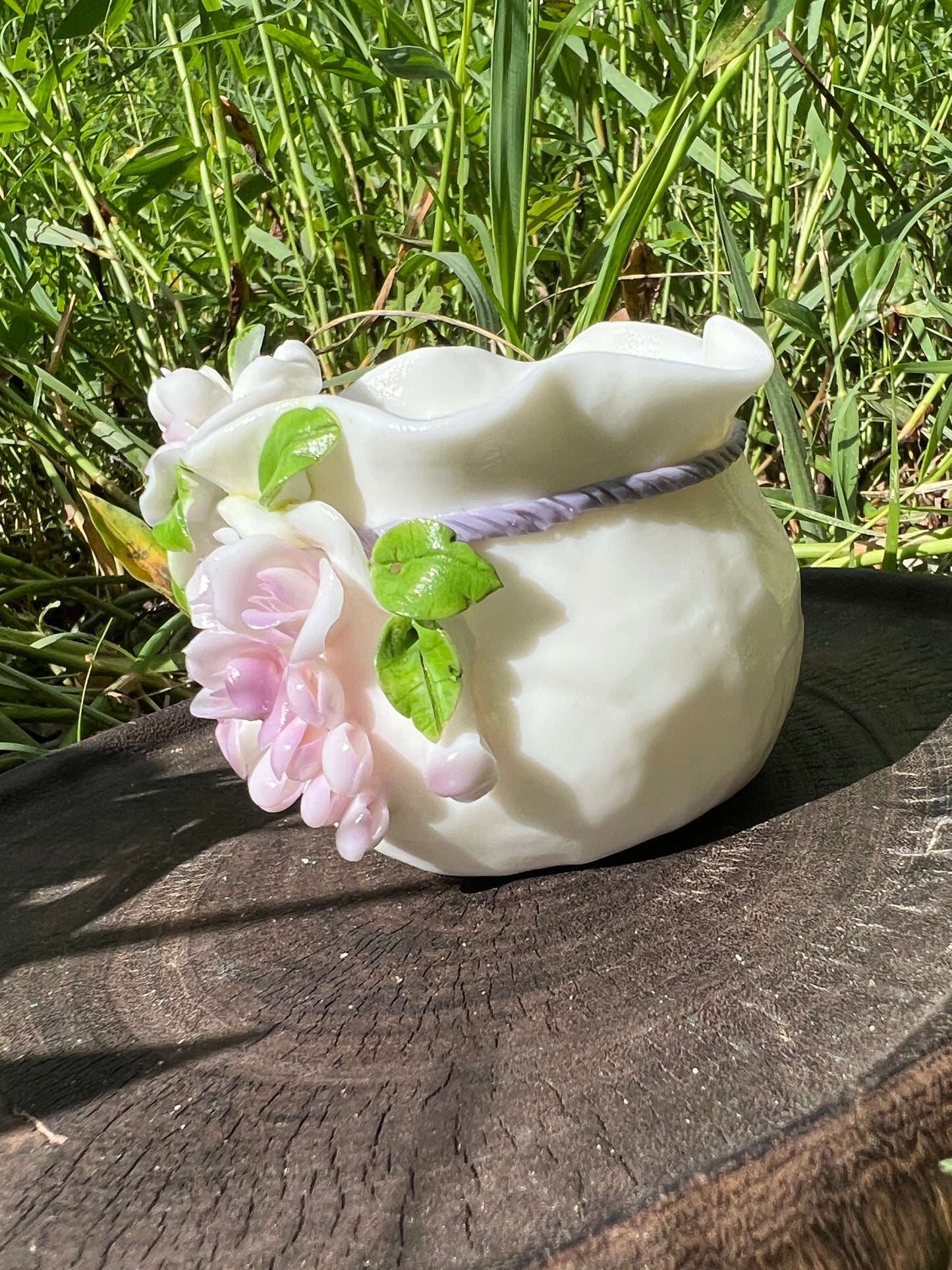 Handcrafted Chinese Yazhiyu Mutton Fat Jade Clay Purple Wisteria Flower Teacup