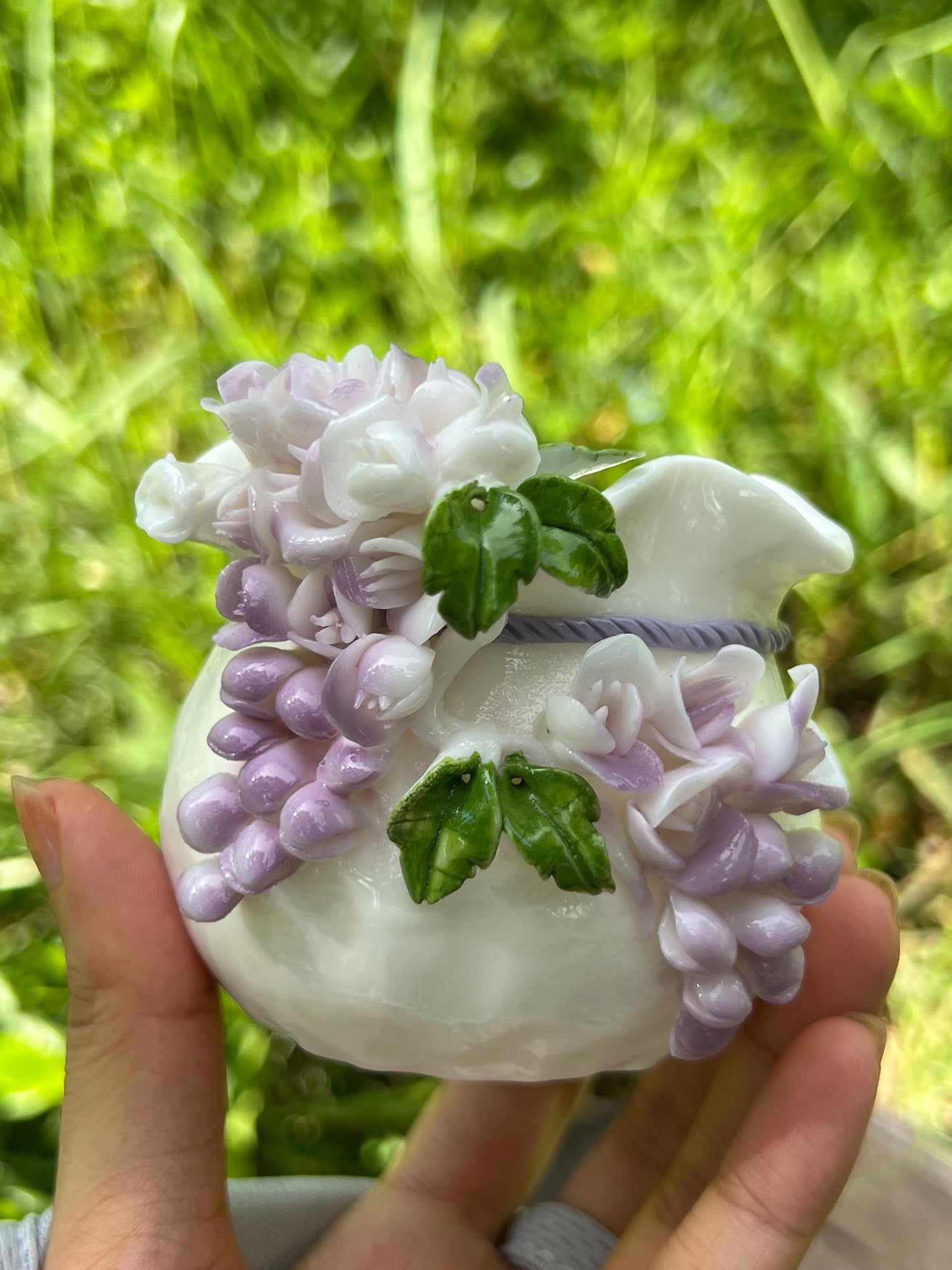Handcrafted Chinese Yazhiyu Mutton Fat Jade Clay Purple Wisteria Flower Teacup