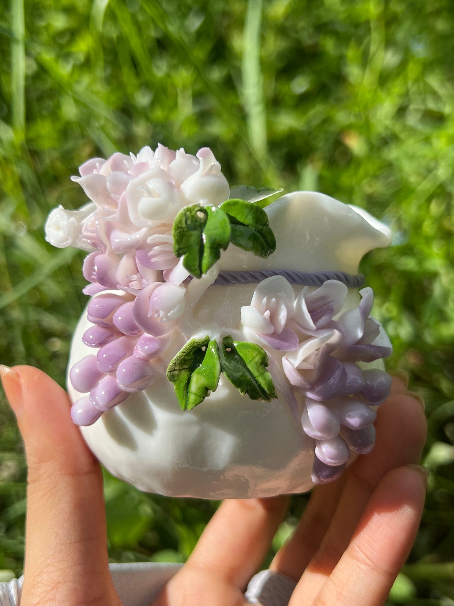 Handcrafted Chinese Yazhiyu Mutton Fat Jade Clay Purple Wisteria Flower Teacup