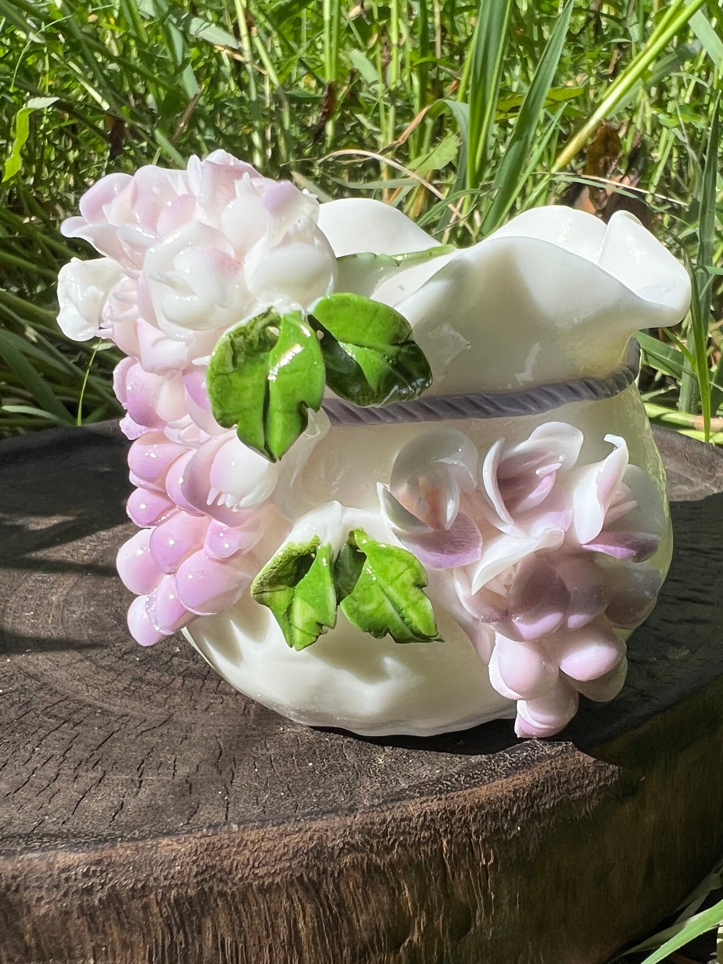 Handcrafted Chinese Yazhiyu Mutton Fat Jade Clay Purple Wisteria Flower Teacup