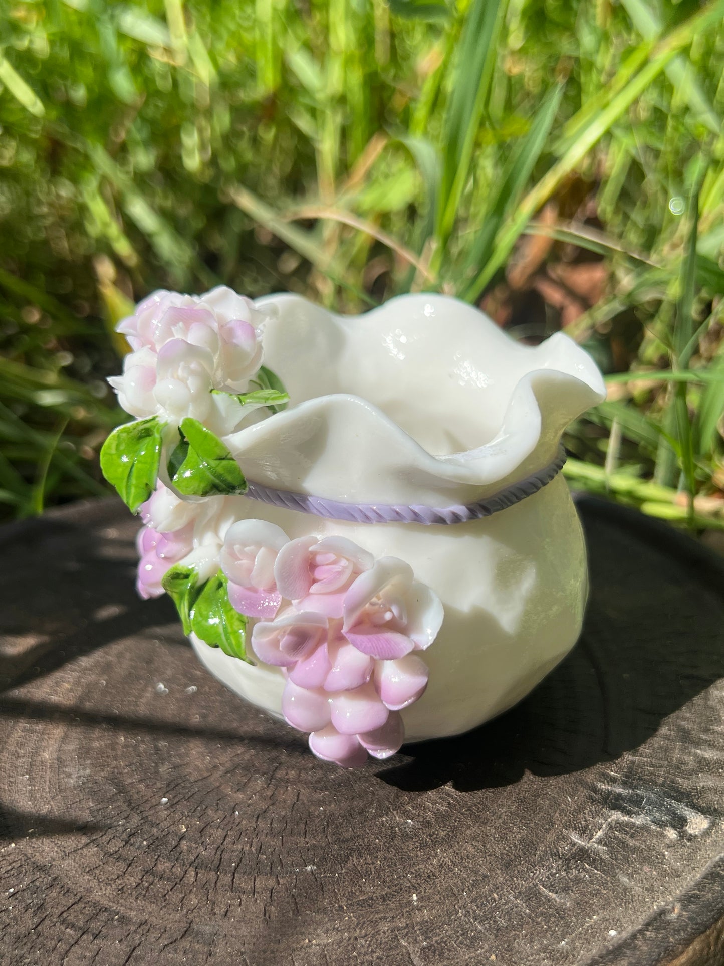Handcrafted Chinese Yazhiyu Mutton Fat Jade Clay Purple Wisteria Flower Teacup