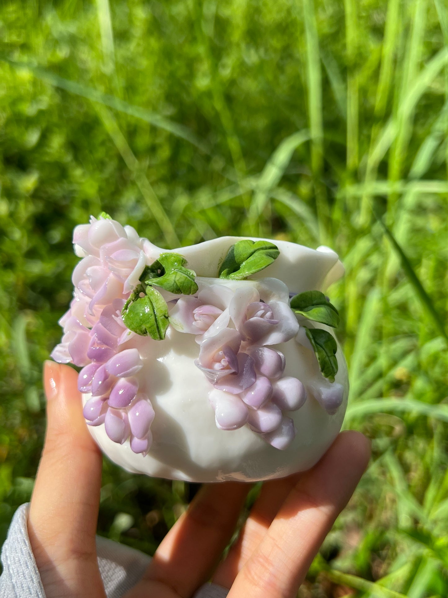 Handcrafted Chinese Yazhiyu Mutton Fat Jade Clay Purple Wisteria Flower Teacup