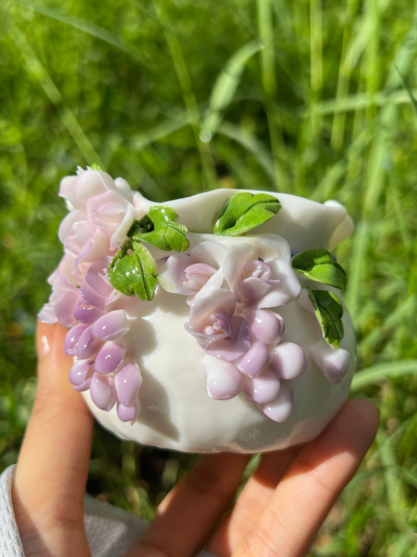 Handcrafted Chinese Yazhiyu Mutton Fat Jade Clay Purple Wisteria Flower Teacup