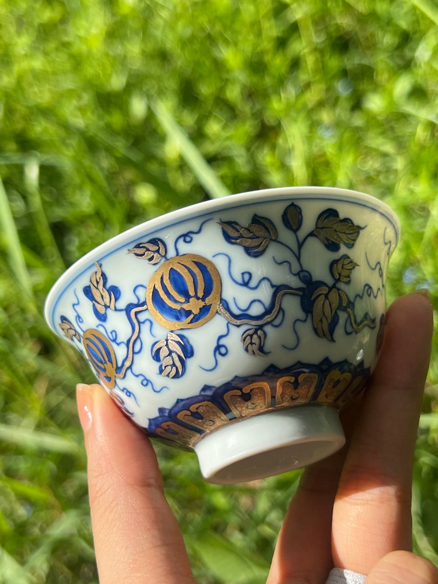 Hand Painted Gold Silver  Watermelon Pattern Blue and White Porcelain Gaiwan Teapot Set
