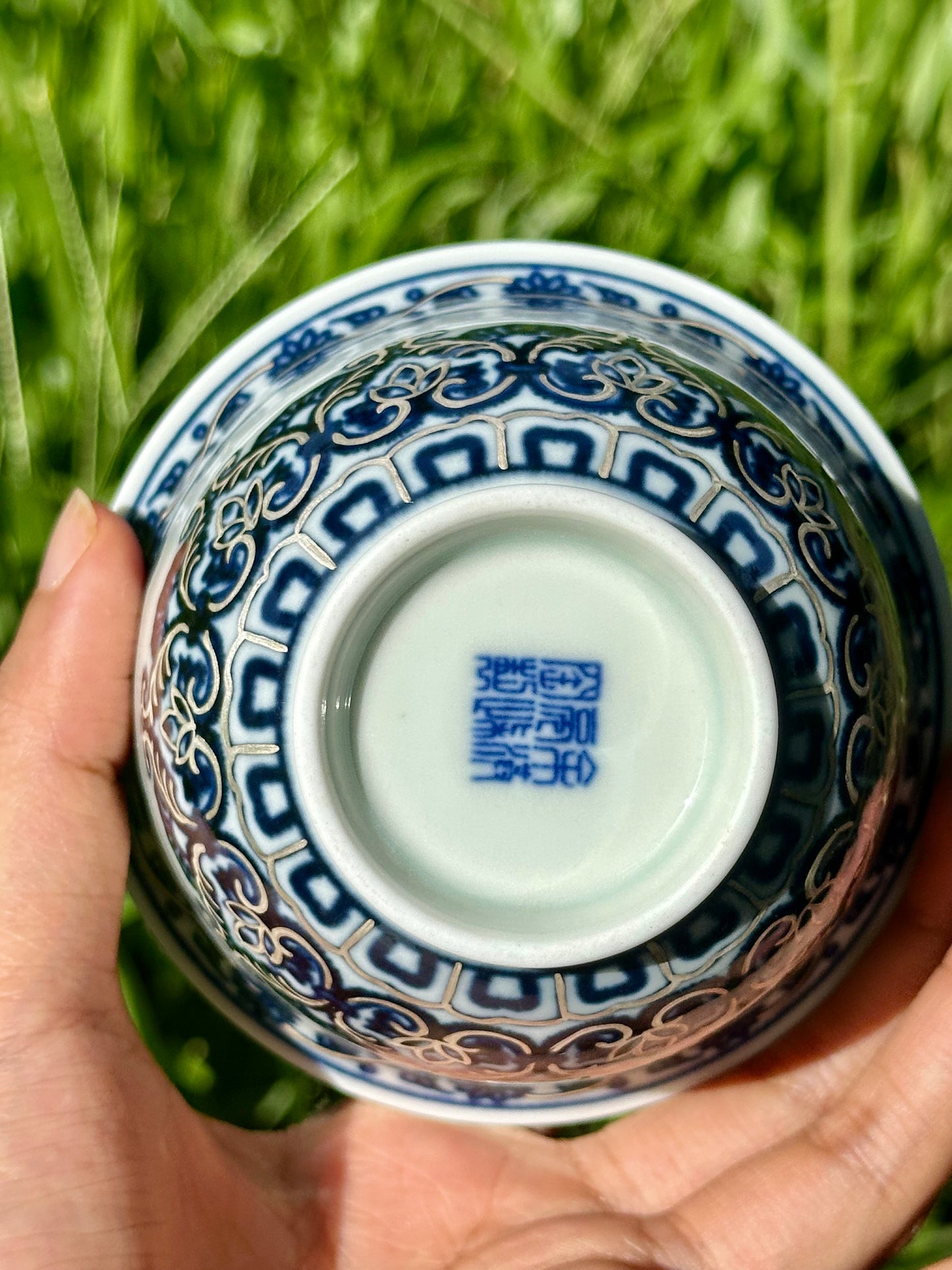 Handpainted Silver Decorative Blue White Porcelain Mandala Flower Gaiwan Tea Tray High Class Set