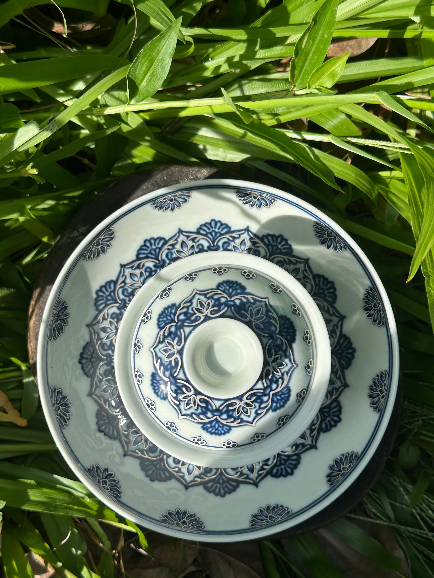 Handpainted Silver Decorative Blue White Porcelain Mandala Flower Gaiwan Tea Tray High Class Set