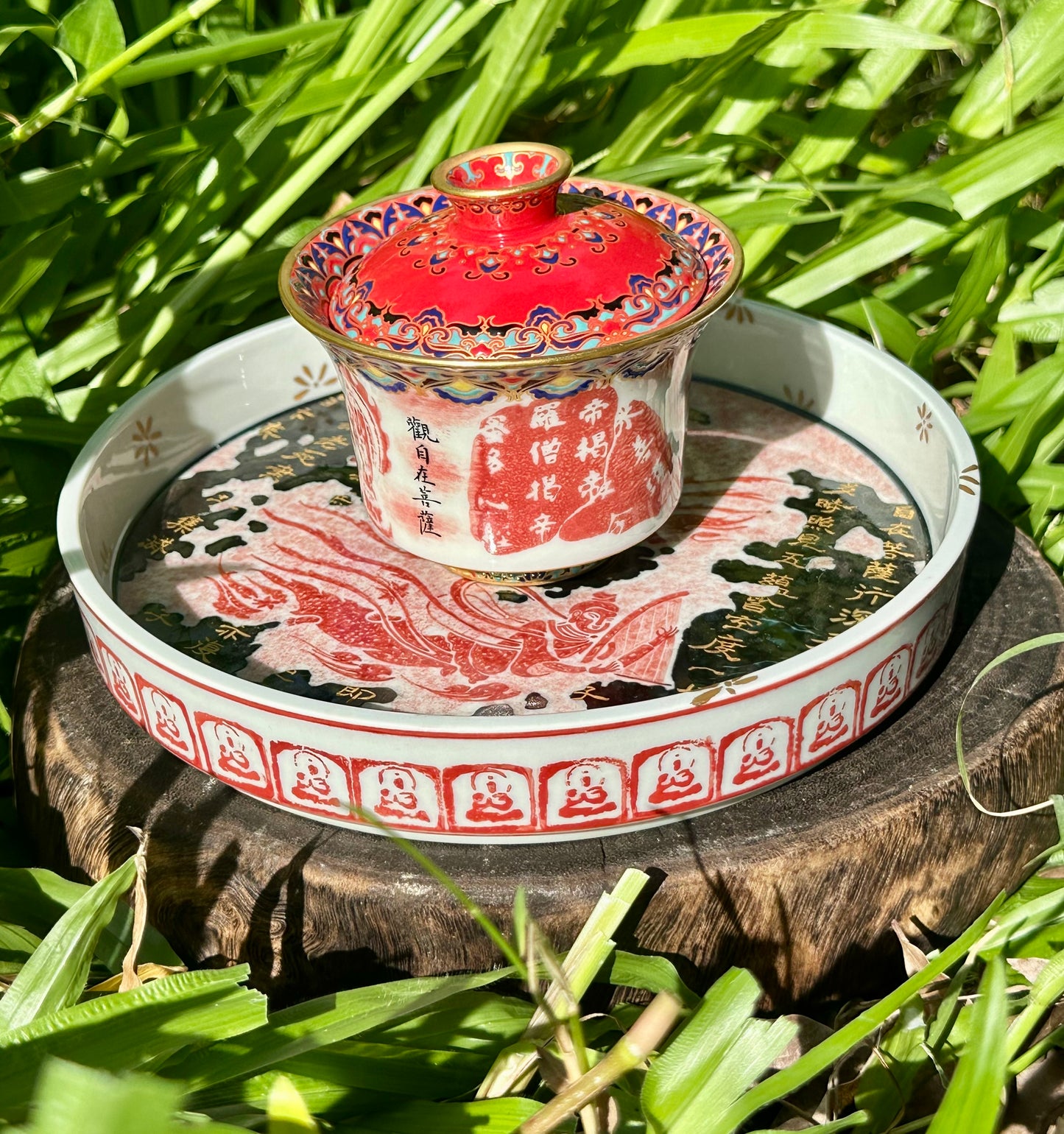 Chinese Red Enameled Hand Painted Porcelain Imitating Tapian Traditional Rubbing Bouddha Calligraphy Masterpiece Gaiwan Tea Tray Set