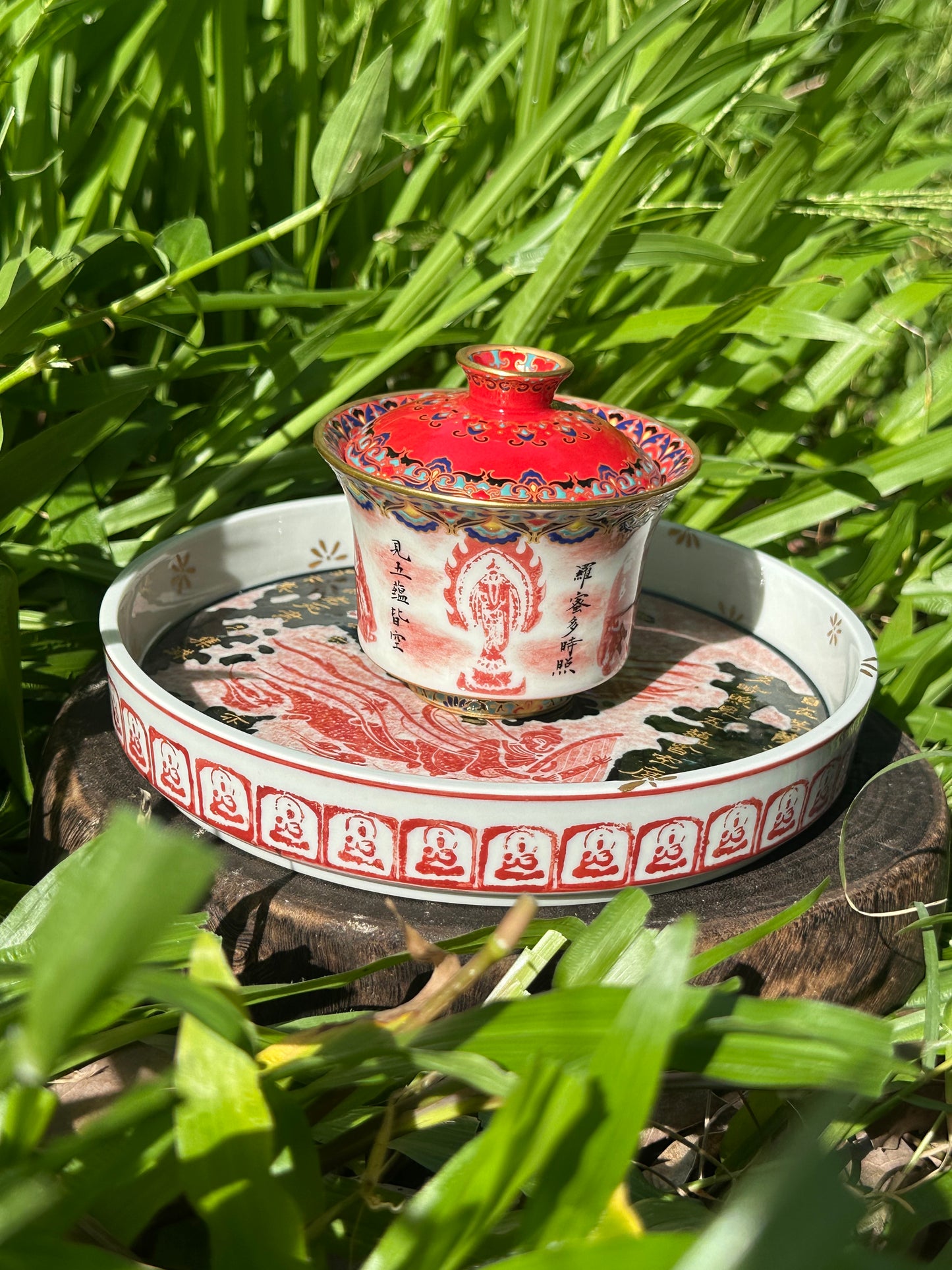 Chinese Red Enameled Hand Painted Porcelain Imitating Tapian Traditional Rubbing Bouddha Calligraphy Masterpiece Gaiwan Tea Tray Set
