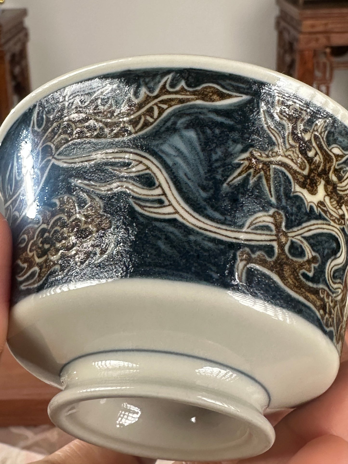 Handpainted Chinese Luxious Blue White Porcelain Underglaze Gold Youlijin Traditional Dragon Pattern Masterpiece Gaiwan Set Artwork Teacup