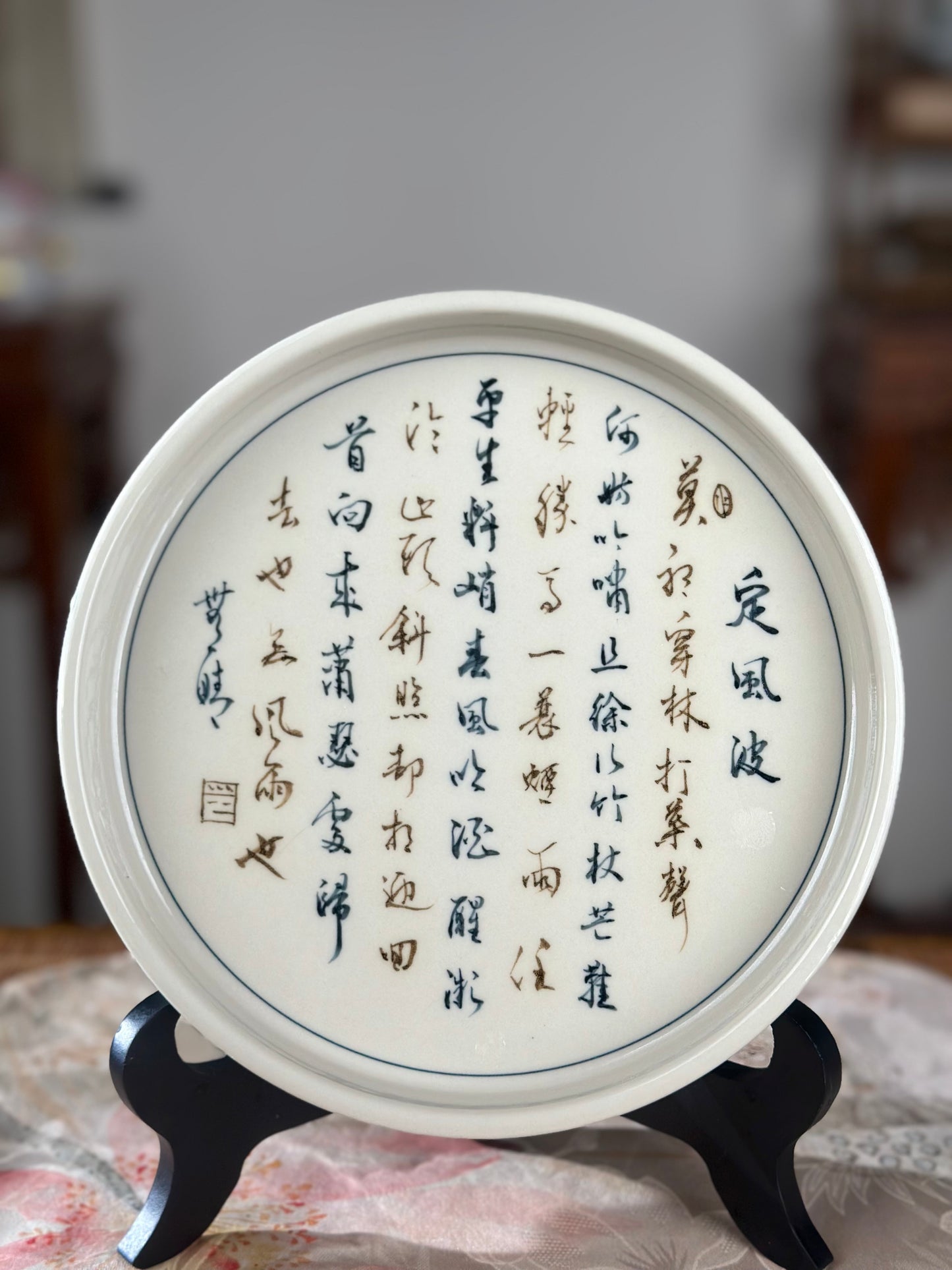 Handpainted Calligraphy Chinese Luxious Blue White Porcelain Underglaze Gold Youlijin Gaiwan Set Artwork Teacup