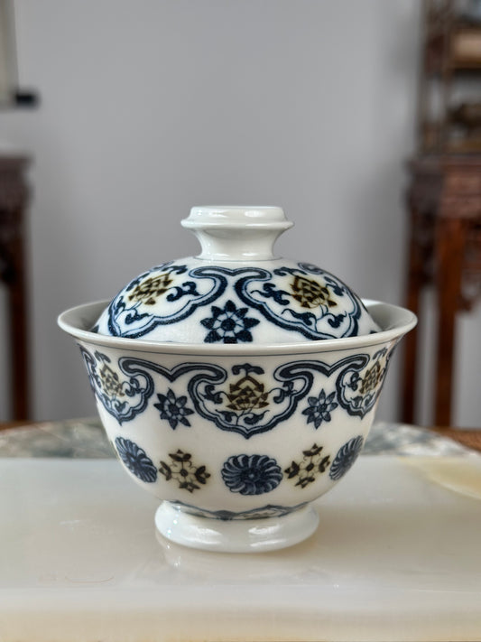 Handpainted Calligraphy Chinese Luxious Blue White Porcelain Underglaze Gold Youlijin Gaiwan Set Artwork Teacup