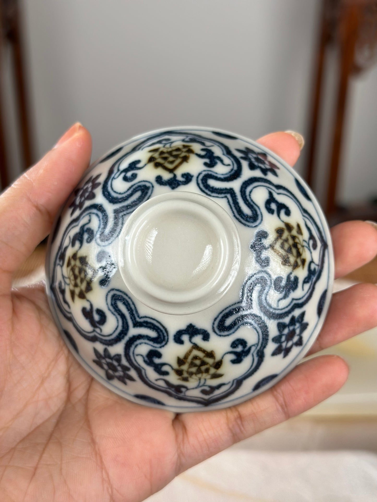Handpainted Chinese Luxious Blue White Porcelain Underglaze Gold Youlijin Ruyi Pattern Gaiwan Set Artwork Teacup