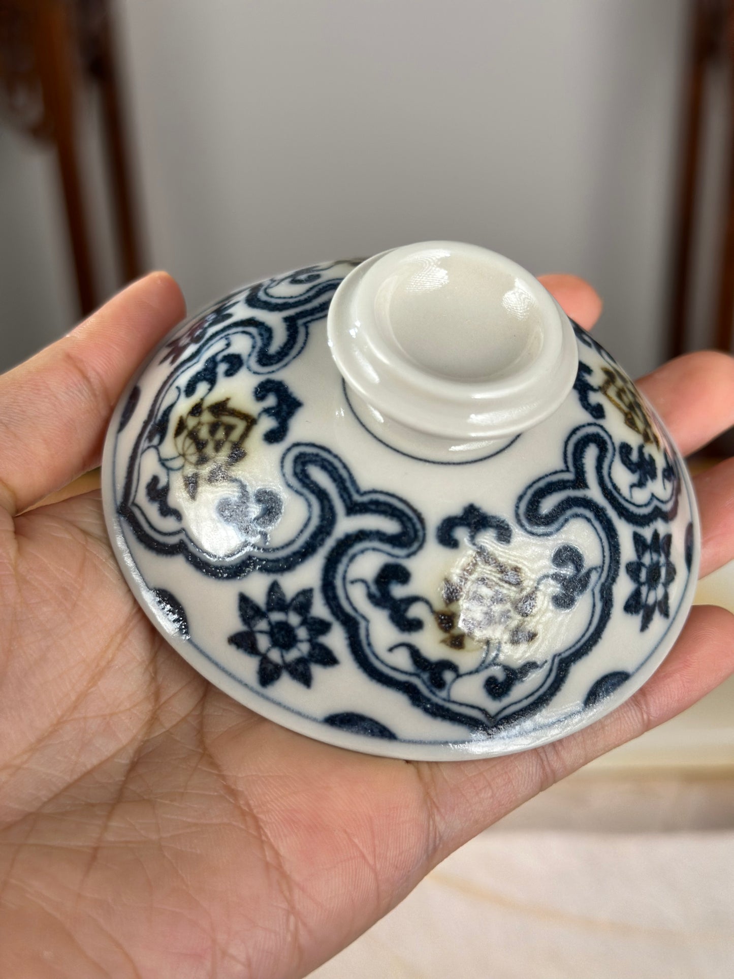 Handpainted Chinese Luxious Blue White Porcelain Underglaze Gold Youlijin Ruyi Pattern Gaiwan Set Artwork Teacup