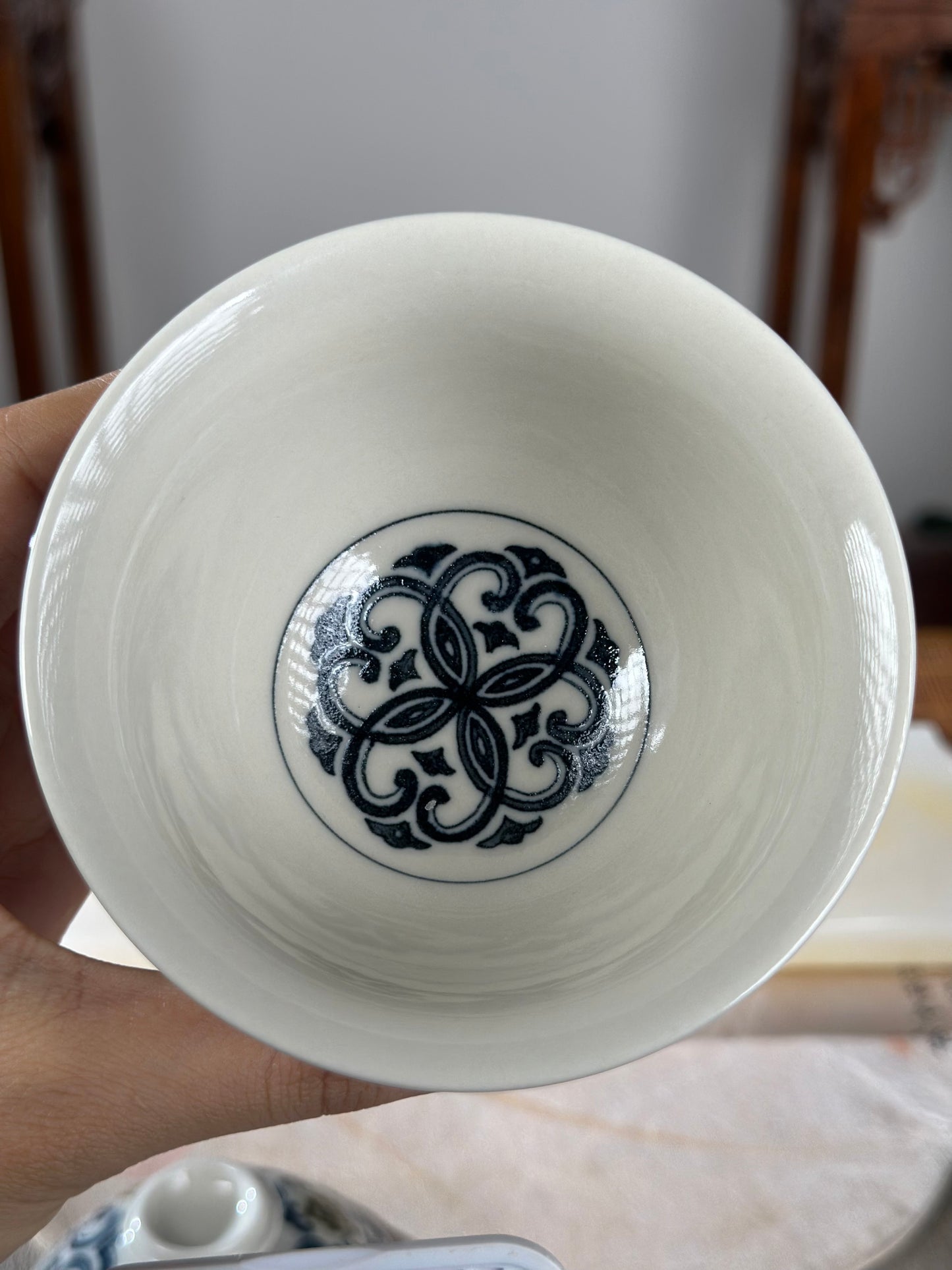 Handpainted Chinese Luxious Blue White Porcelain Underglaze Gold Youlijin Ruyi Pattern Gaiwan Set Artwork Teacup