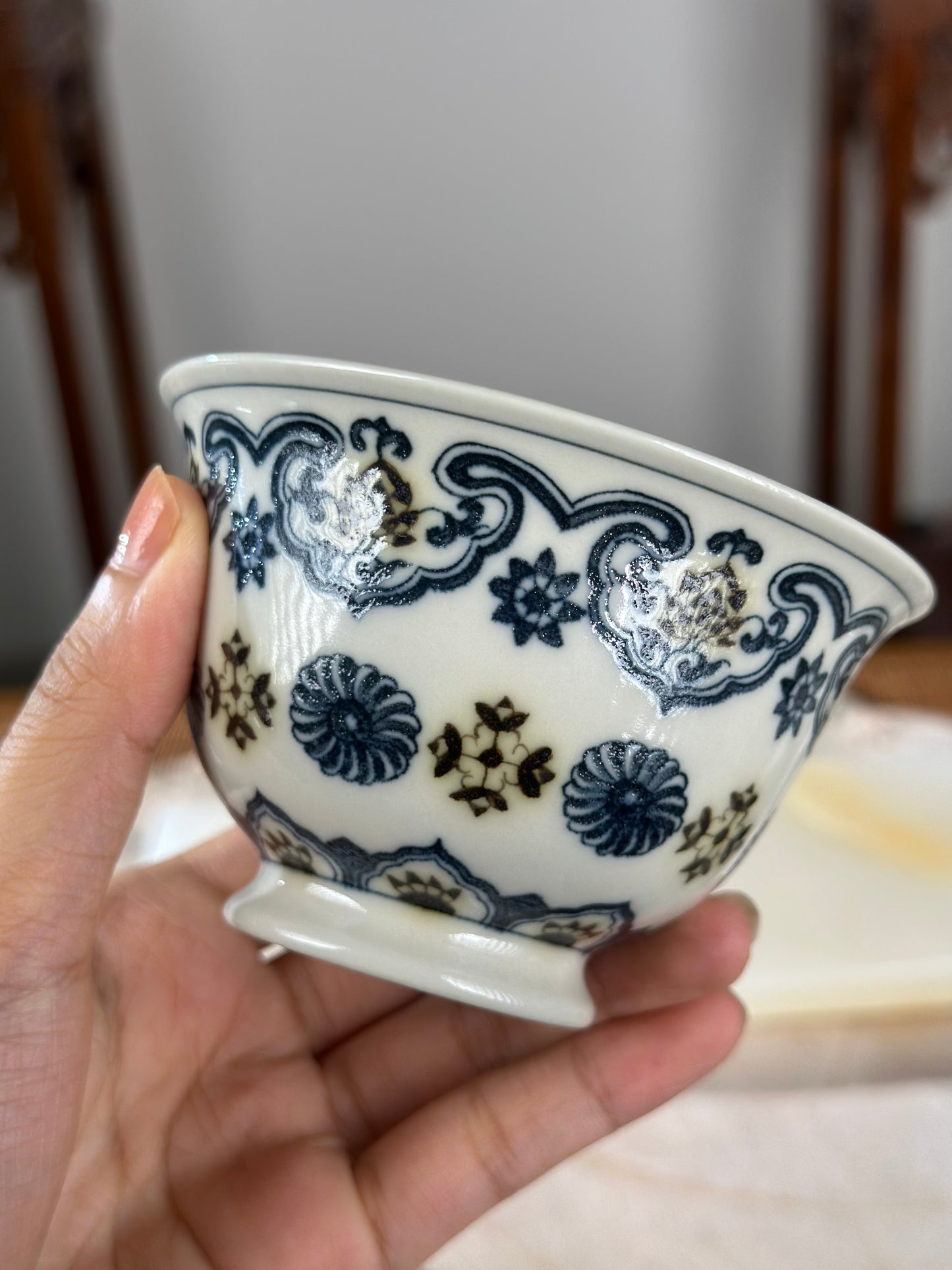 Handpainted Chinese Luxious Blue White Porcelain Underglaze Gold Youlijin Ruyi Pattern Gaiwan Set Artwork Teacup