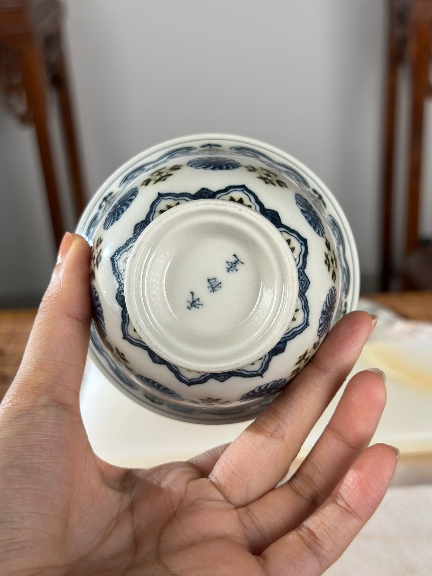 Handpainted Chinese Luxious Blue White Porcelain Underglaze Gold Youlijin Ruyi Pattern Gaiwan Set Artwork Teacup
